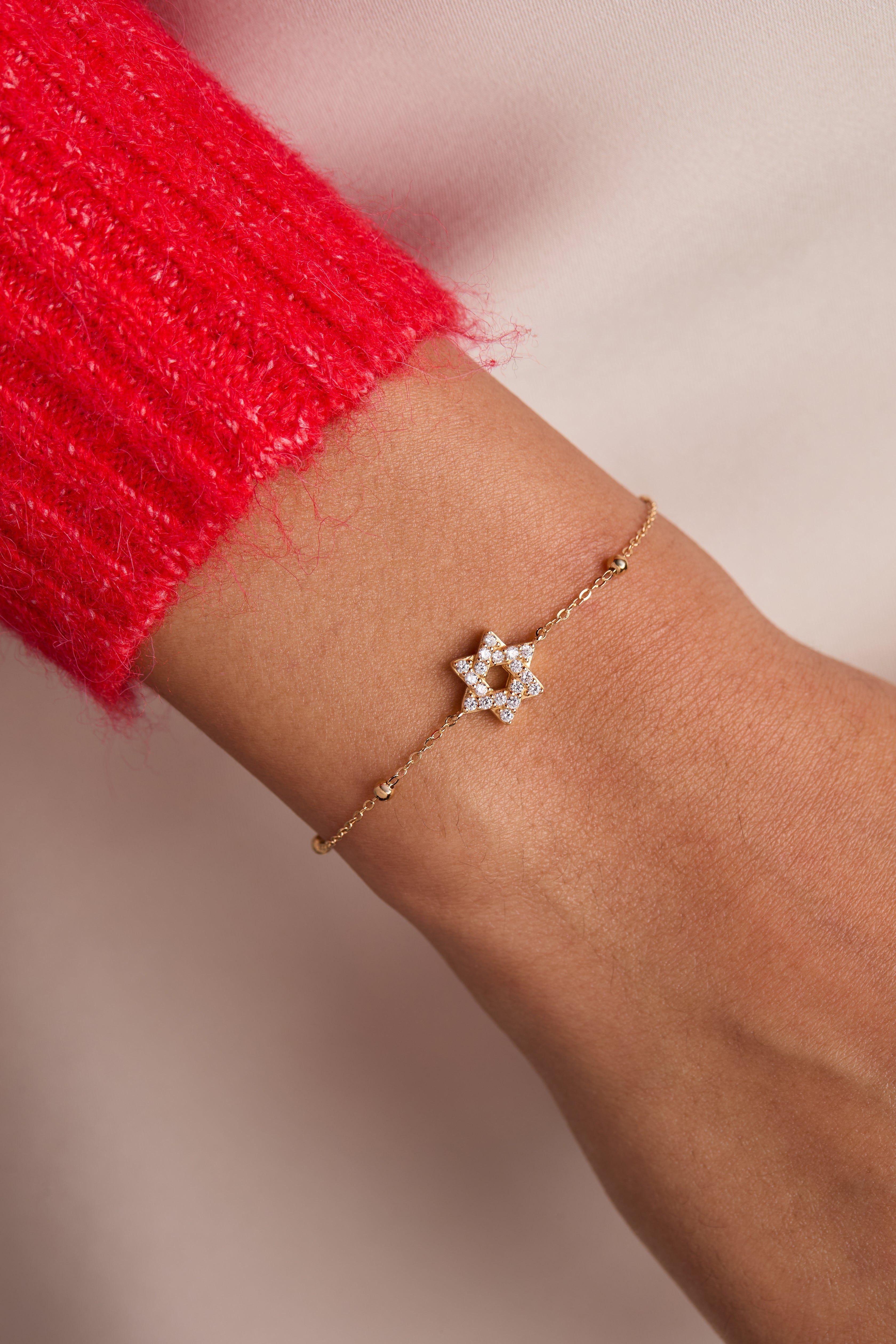 Star Of David Delicate Pave Beaded Chain Bracelet