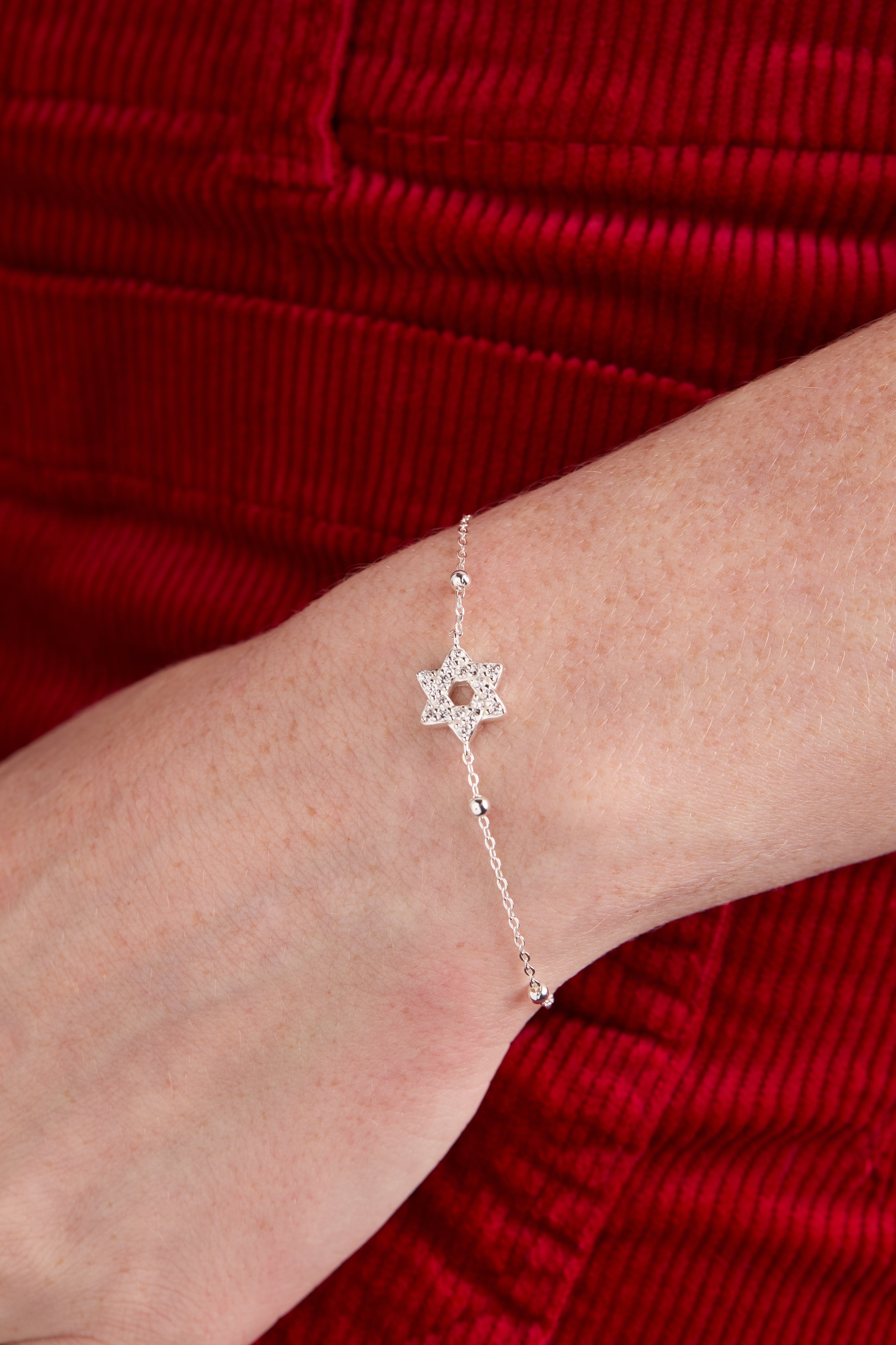Star Of David Delicate Pave Beaded Chain Bracelet