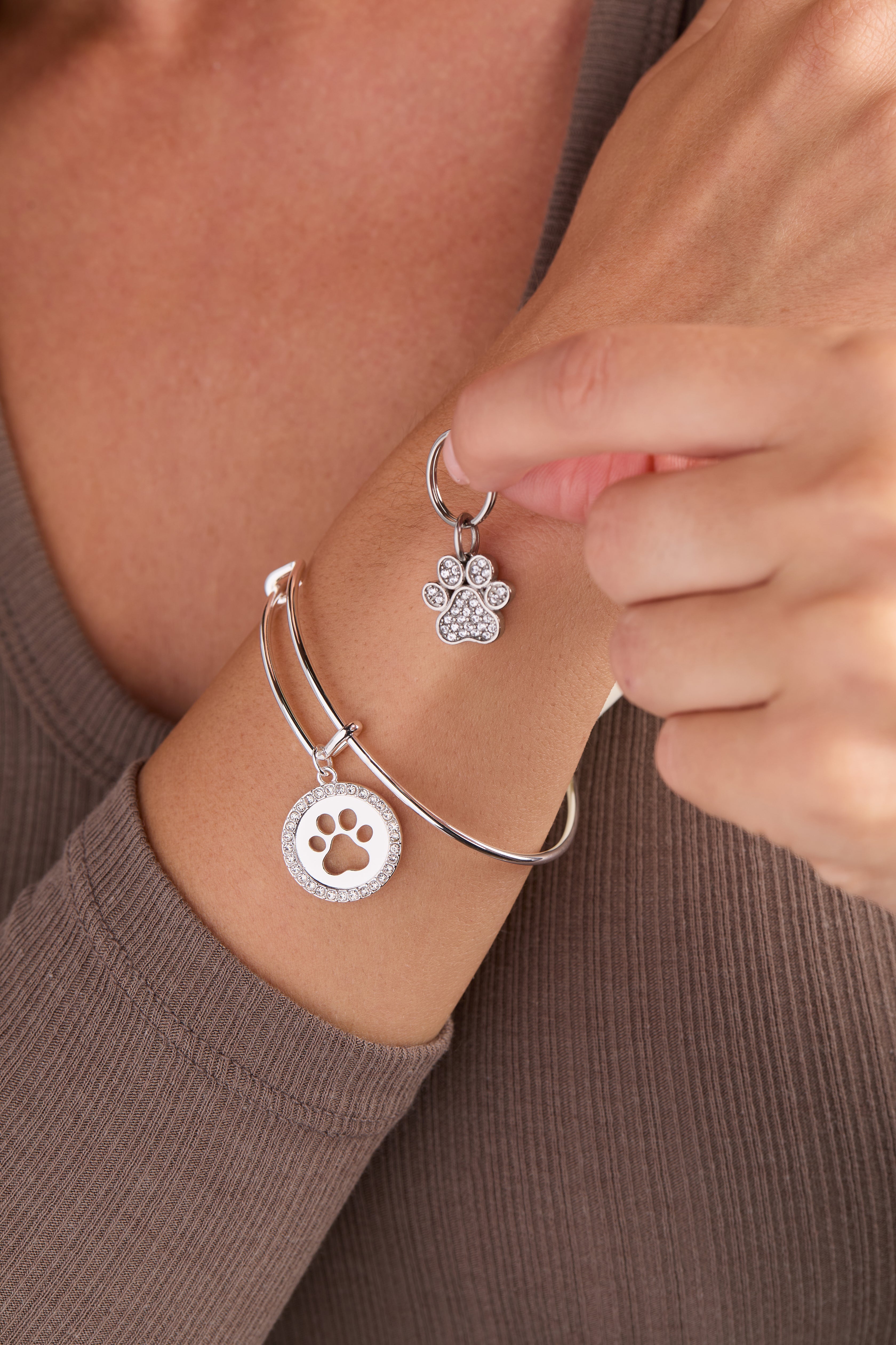 Paw Print Bangle & Pet Collar Charm Set Of 2