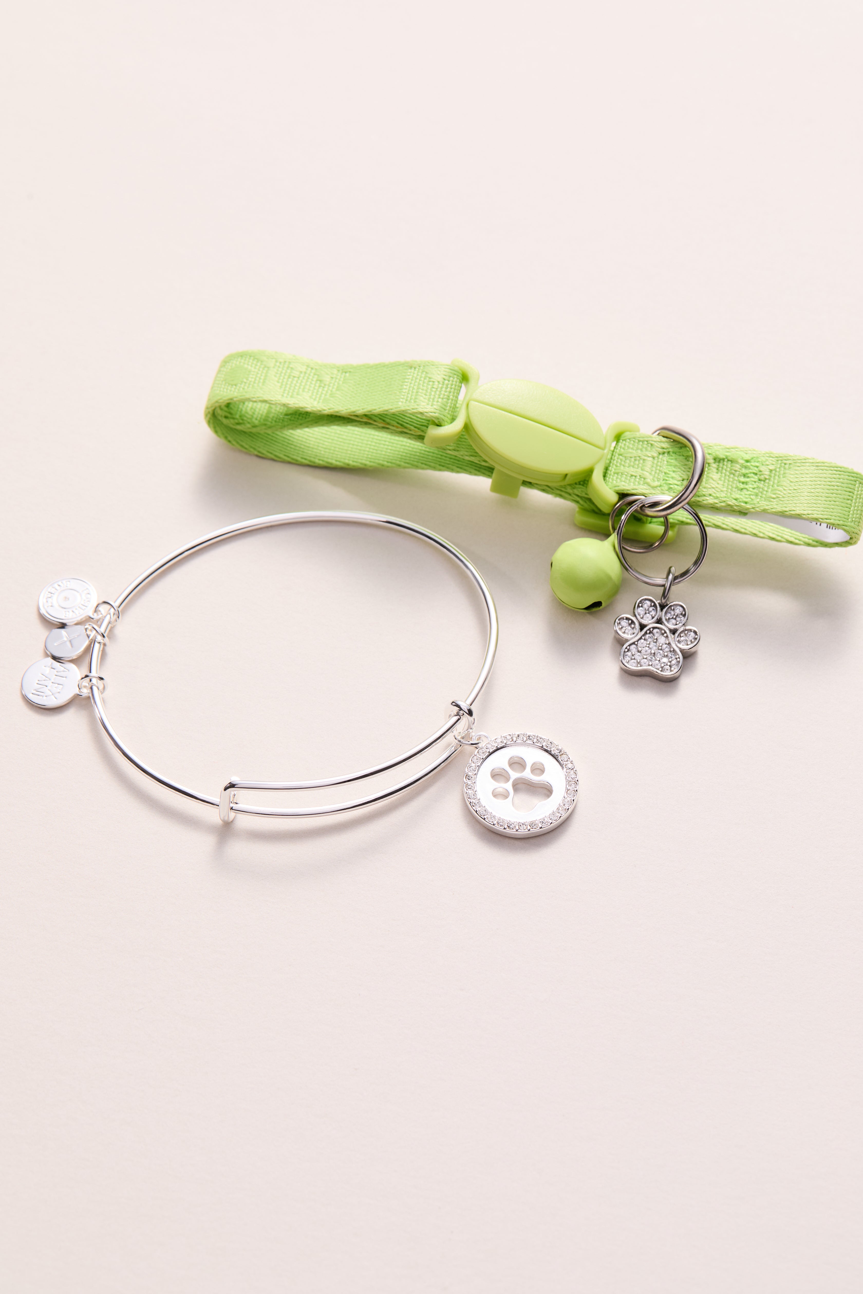 Paw Print Bangle & Pet Collar Charm Set Of 2
