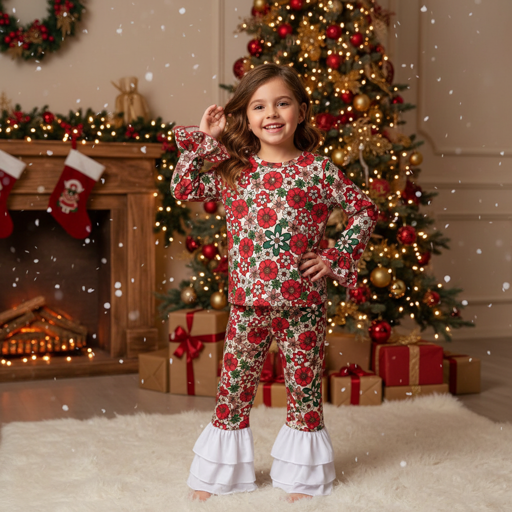 Christmas Floral Two Piece Ruffle Set