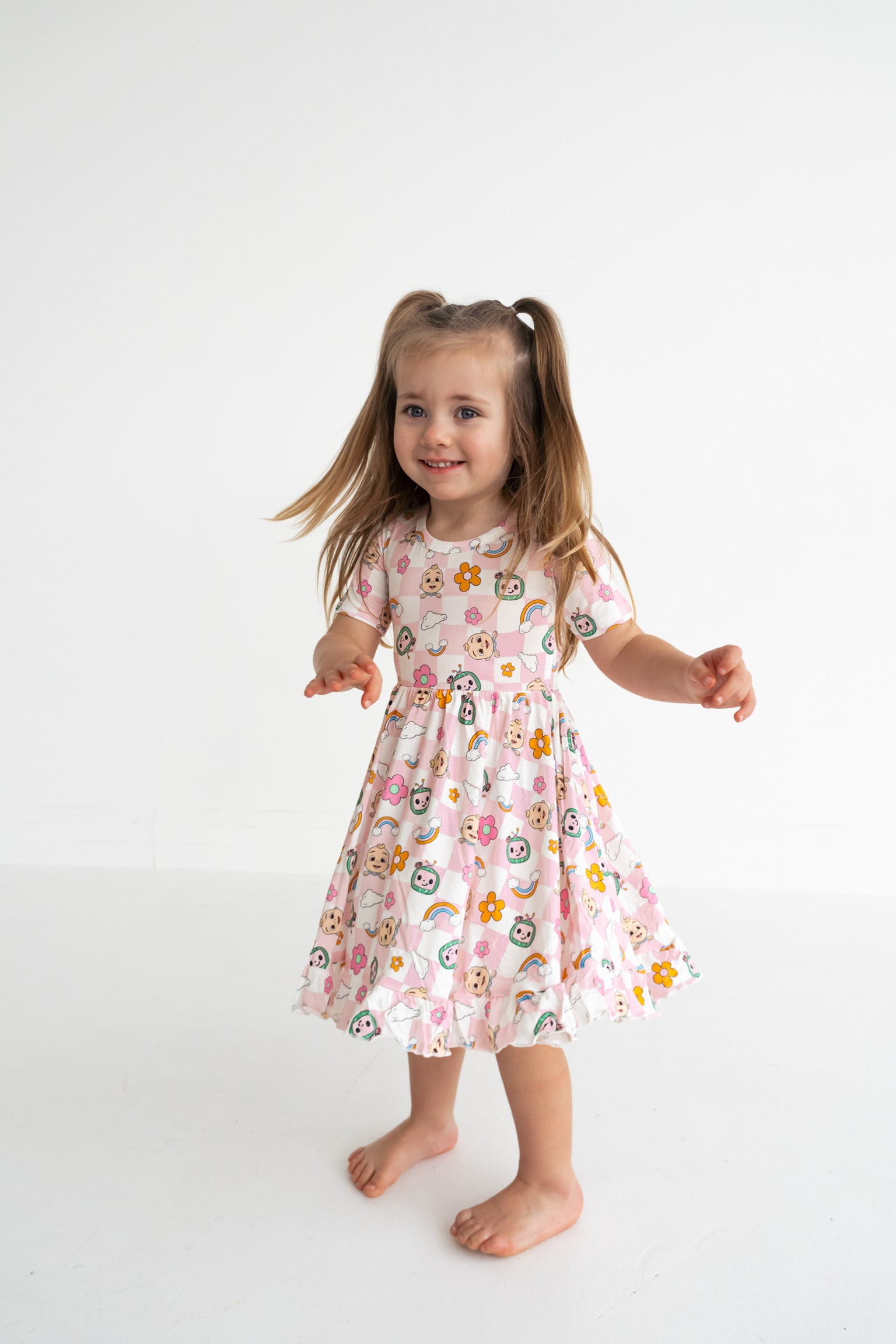 Dream Big Little Co X Cocomelon Jj Rainbow Checkers Short Sleeve Dream Ruffle Dress