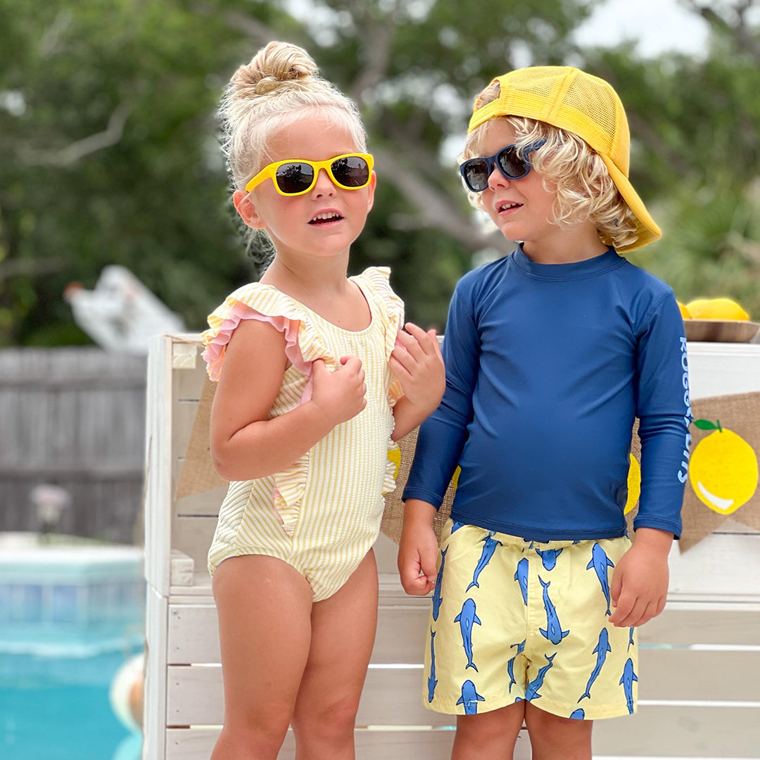 Rufflebutts Baby Seersucker Rash Guard Bikini With Roshambo Yellow Sunglasses