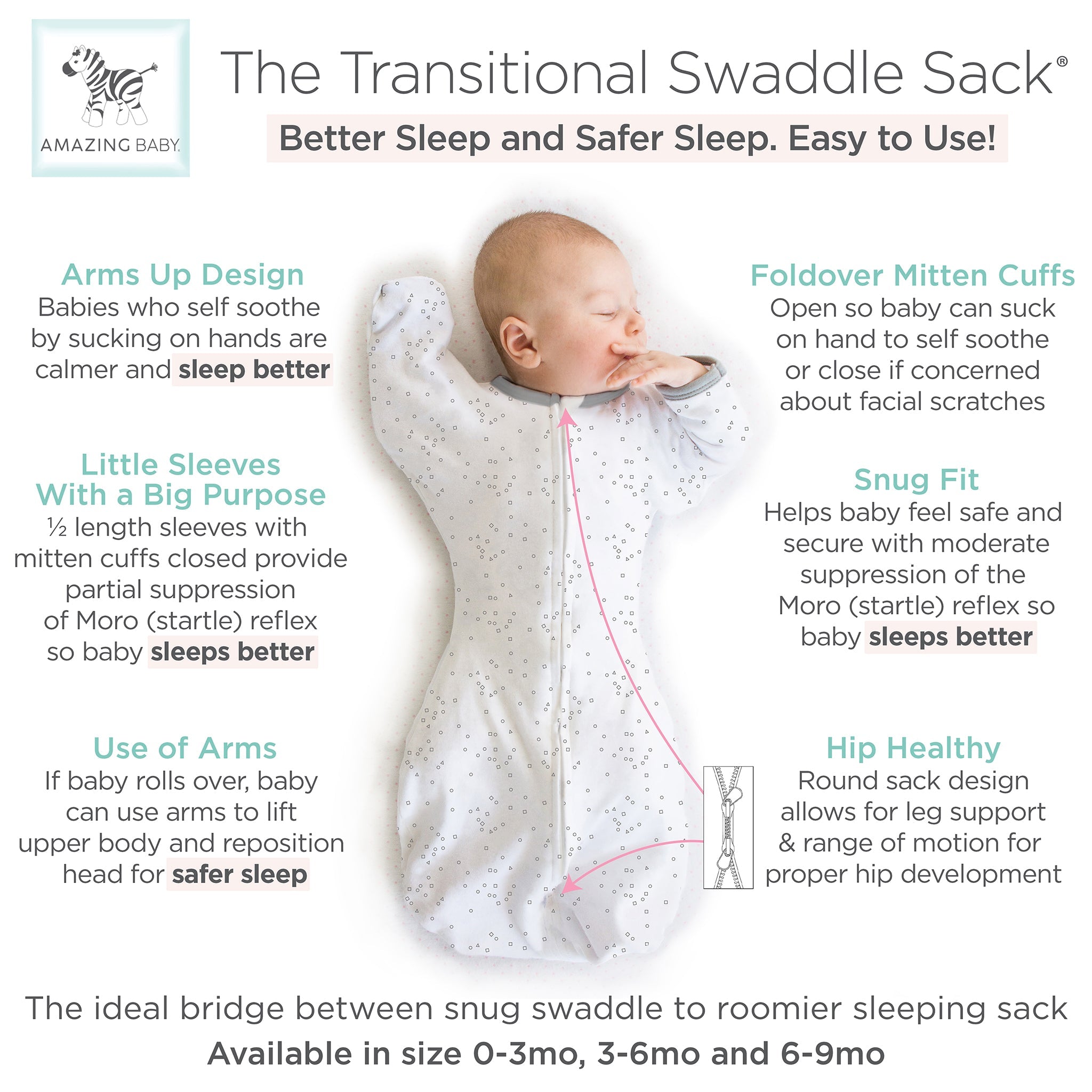 Amazing Baby - Transitional Swaddle Sack  - Arms Up 1/2-length Sleeves & Mitten Cuffs, Sterling Confetti
