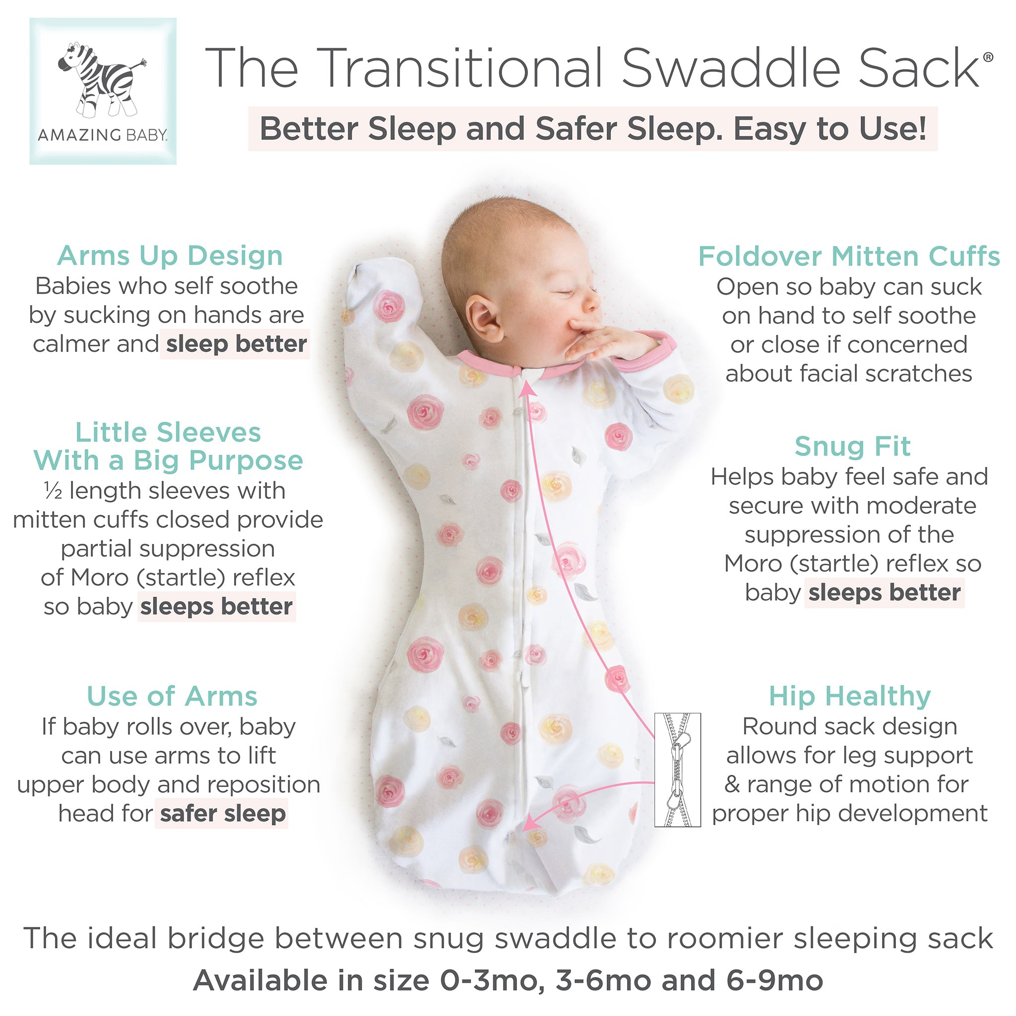 Amazing Baby - Transitional Swaddle Sack  - Arms Up 1/2-length Sleeves & Mitten Cuffs, Little Watercolor Roses
