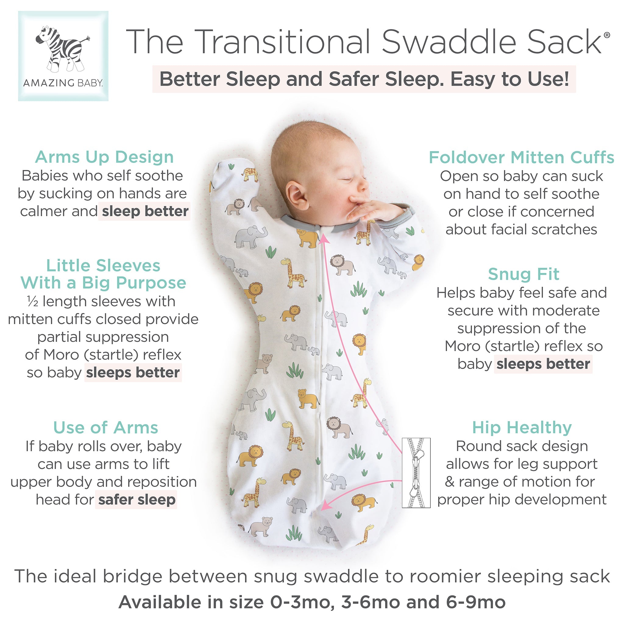 Amazing Baby - Transitional Swaddle Sack  - Arms Up 1/2-length Sleeves & Mitten Cuffs, On Safari