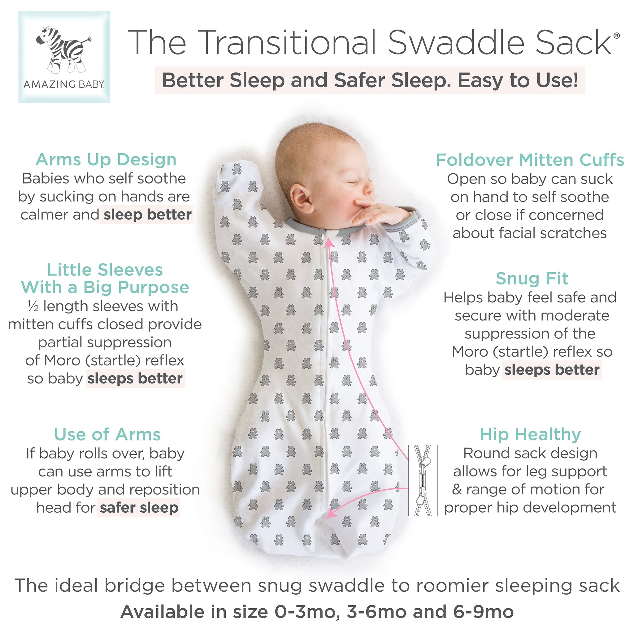 Amazing Baby - Transitional Swaddle Sack  - Arms Up 1/2-length Sleeves & Mitten Cuffs, Tiny Bear, Sterling