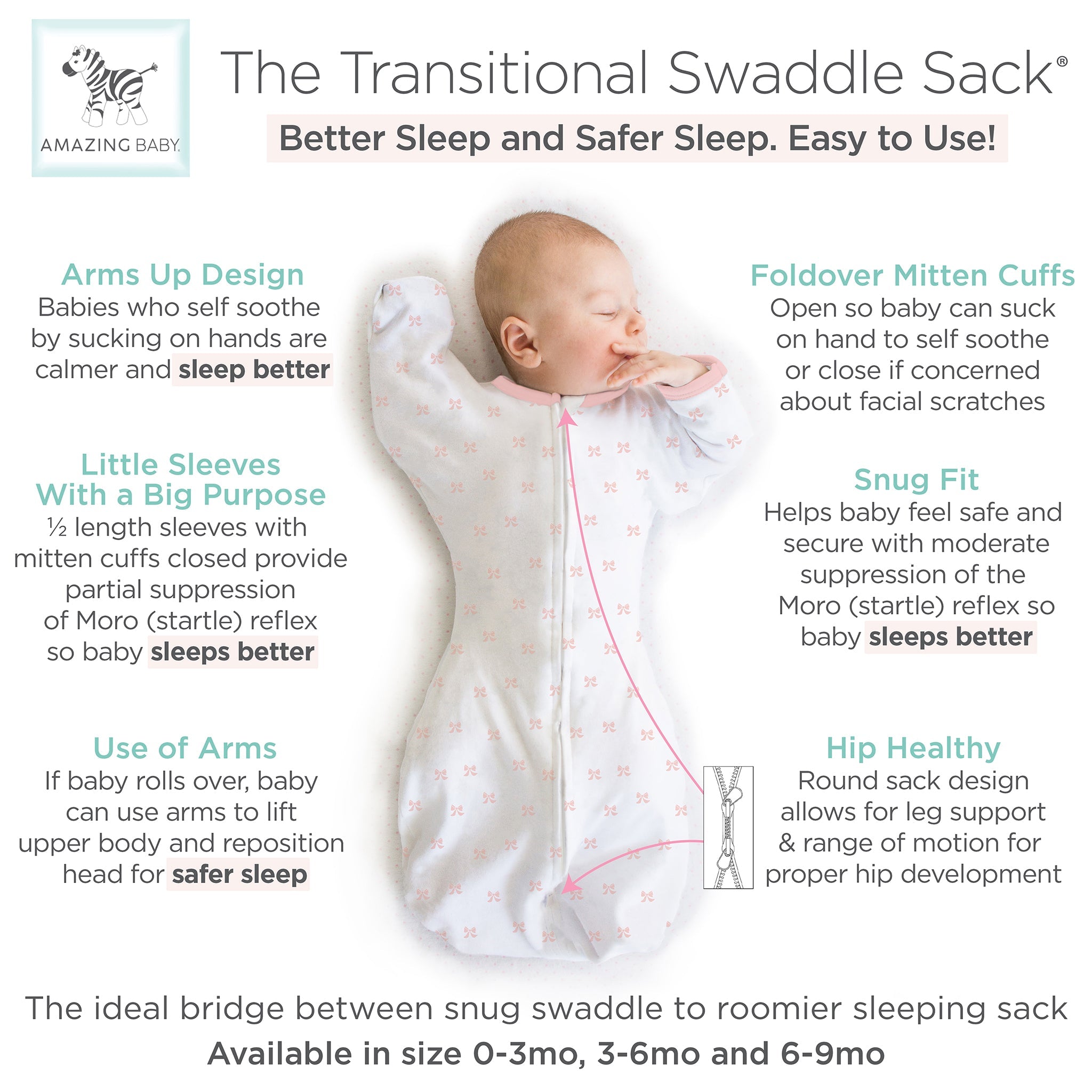 Amazing Baby - Transitional Swaddle Sack  - Arms Up 1/2-length Sleeves & Mitten Cuffs, Tiny Bows, Pink