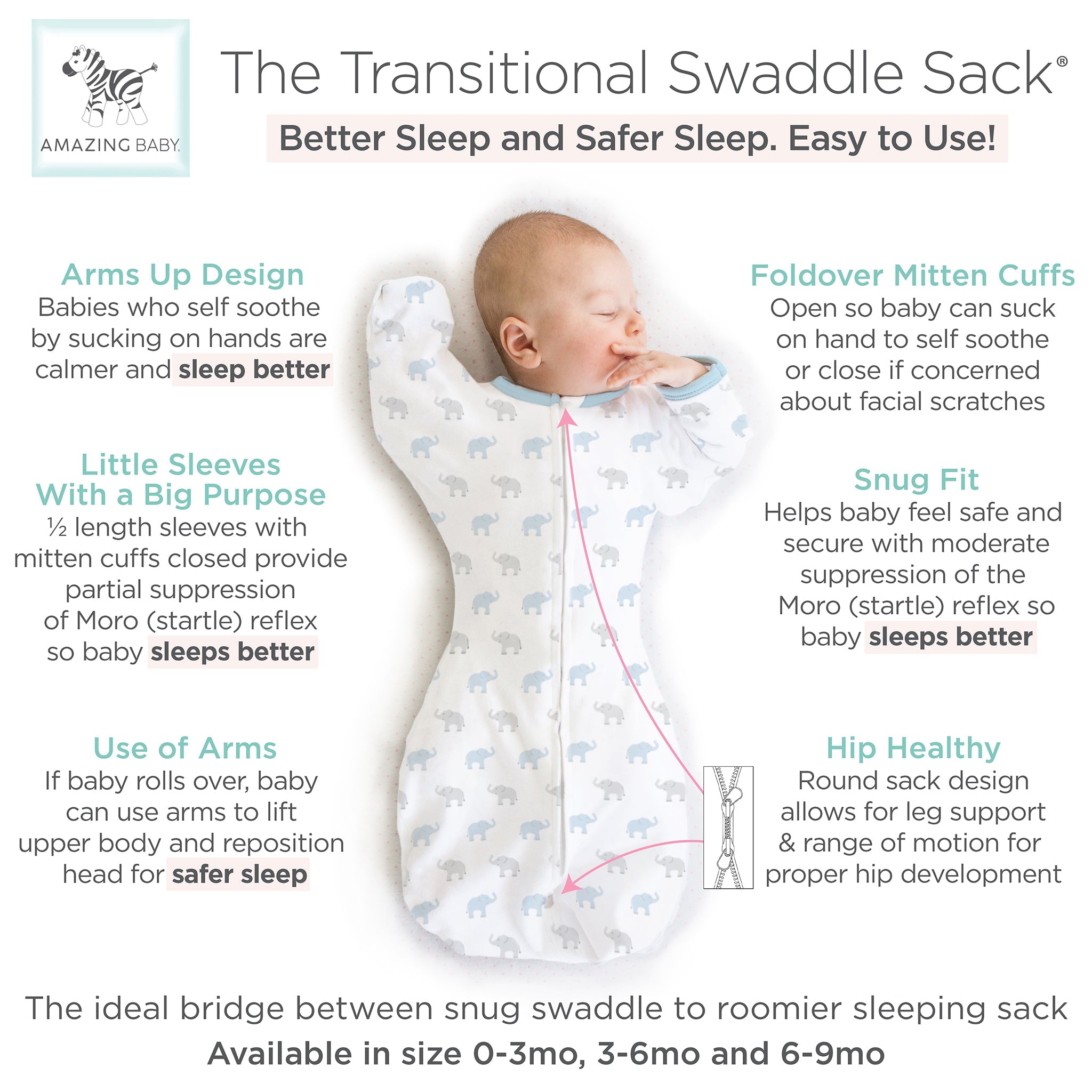 Amazing Baby - Transitional Swaddle Sack  - Arms Up 1/2-length Sleeves & Mitten Cuffs, Tiny Elephants, Blue