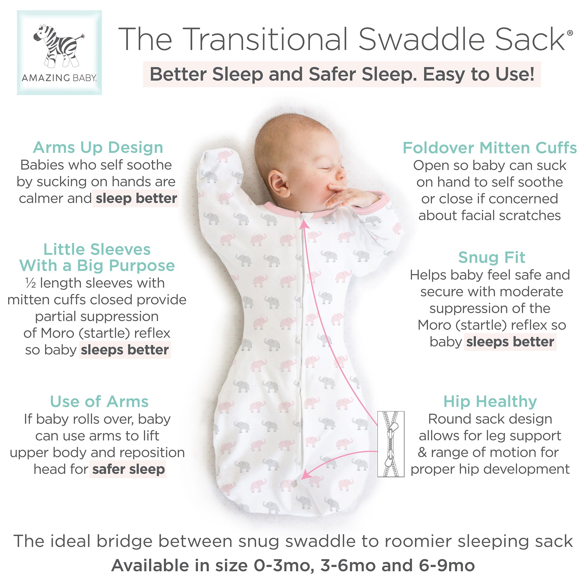 Amazing Baby - Transitional Swaddle Sack  - Arms Up 1/2-length Sleeves & Mitten Cuffs, Tiny Elephants, Pink