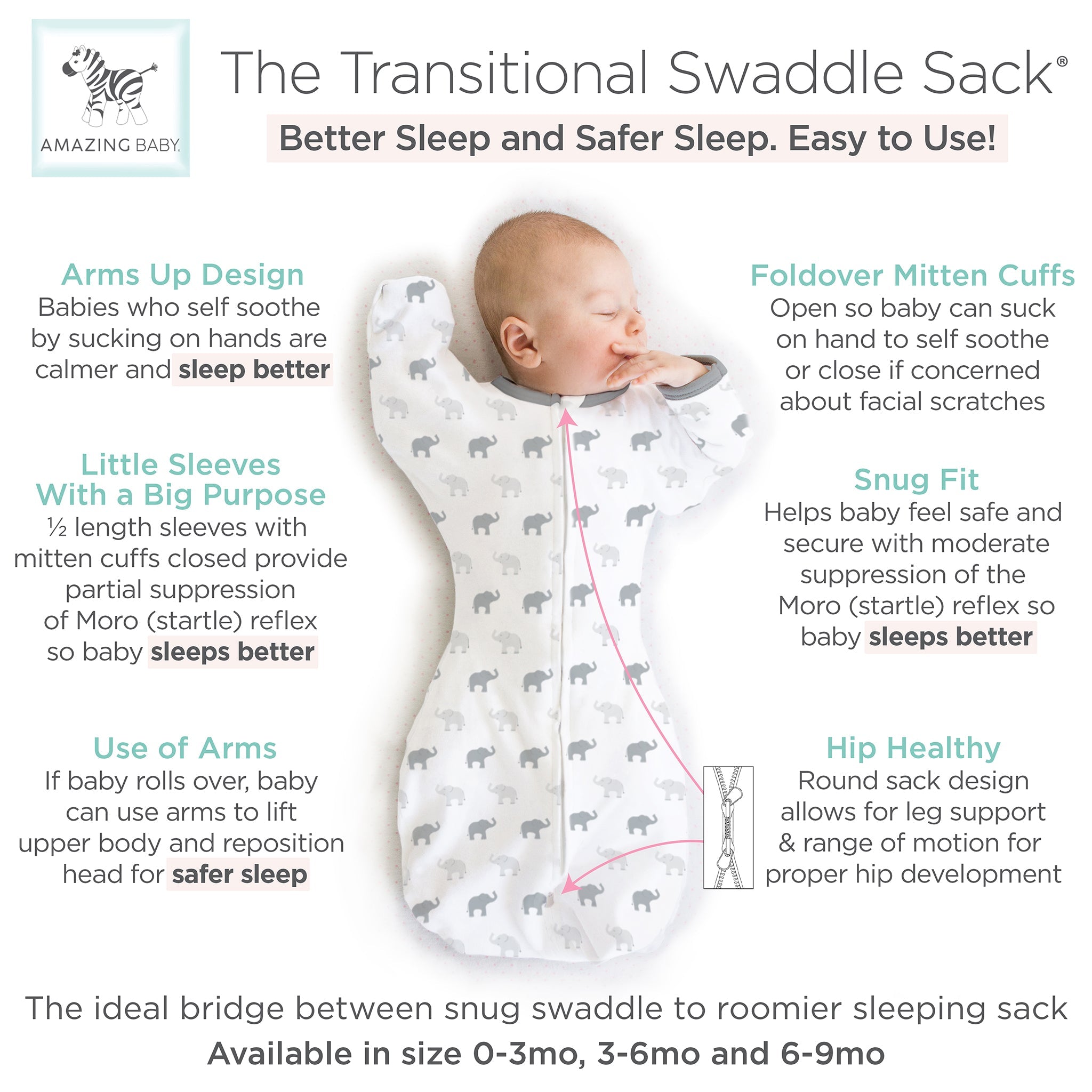 Amazing Baby - Transitional Swaddle Sack  - Arms Up 1/2-length Sleeves & Mitten Cuffs, Tiny Elephants, Sterling