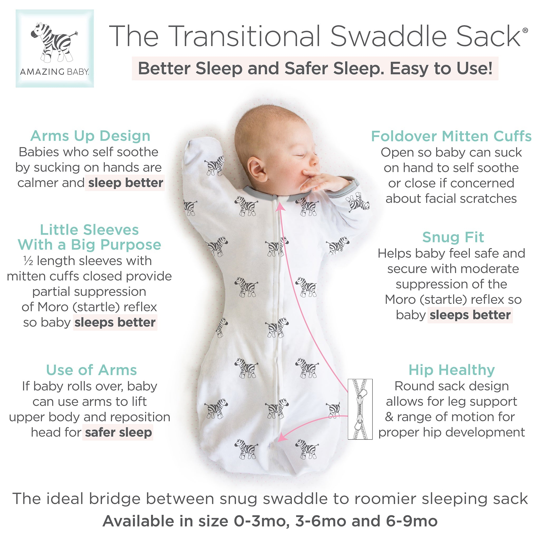 Amazing Baby - Transitional Swaddle Sack  - Arms Up 1/2-length Sleeves & Mitten Cuffs, Little Zebra, Soft Black