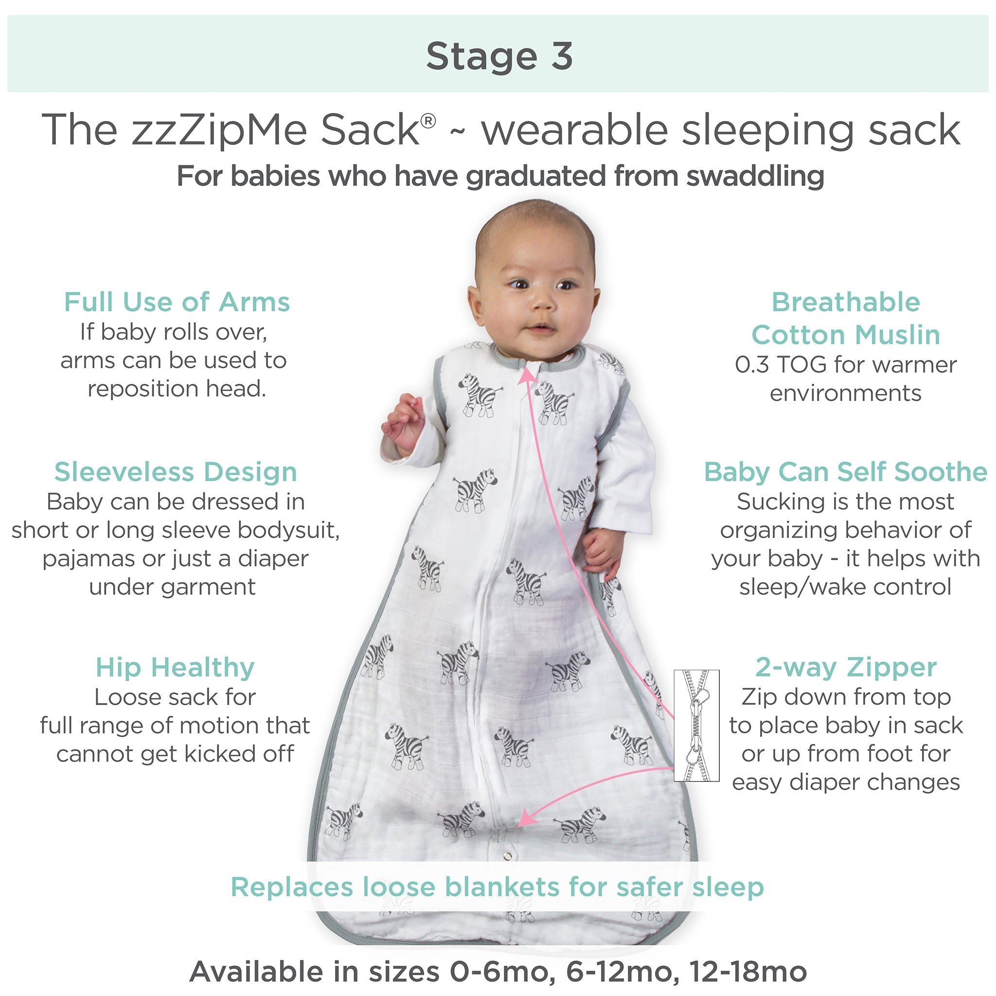 Amazing Baby - Muslin Non-weighted Zzzipme Sack - Little Feather, Soft Black