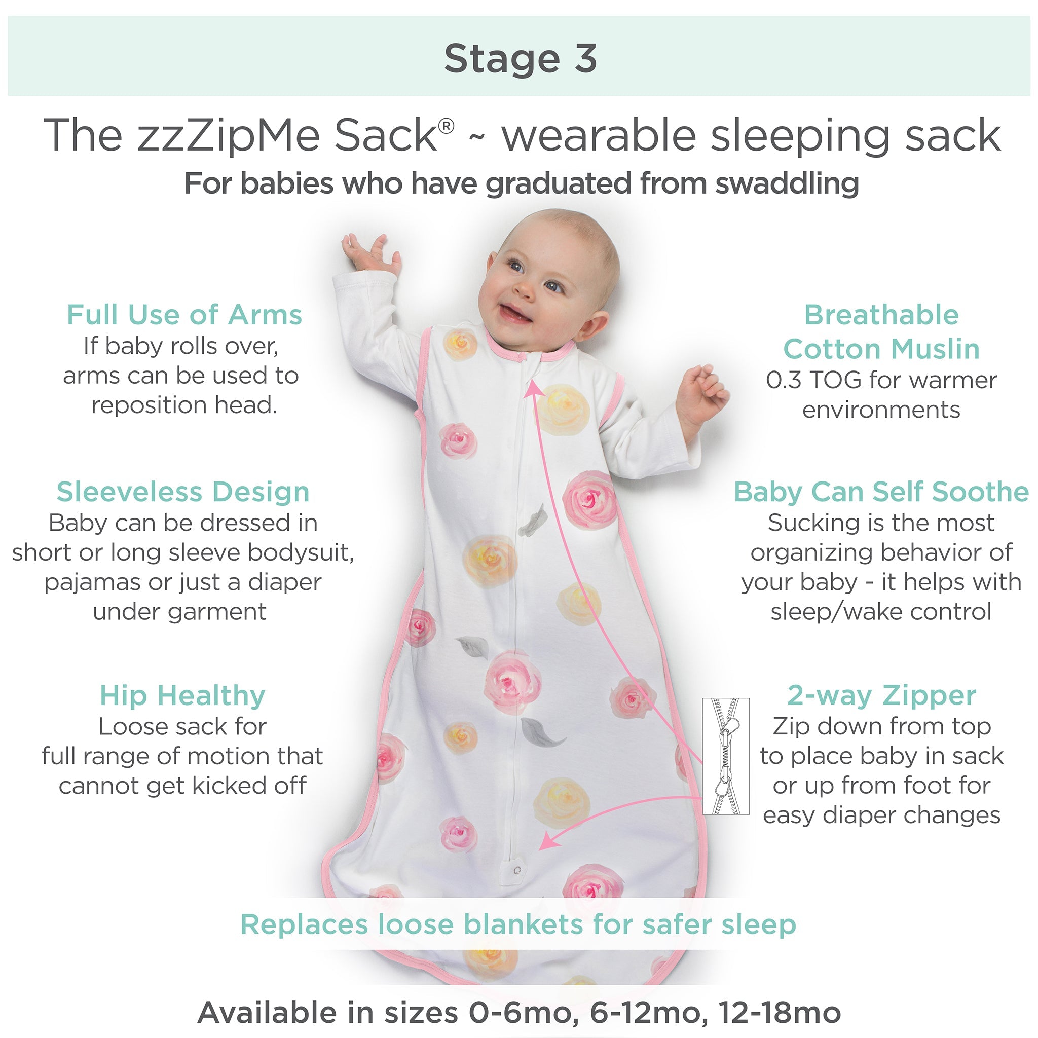 Amazing Baby - Muslin Non-weighted Zzzipme Sack  - Watercolor Roses