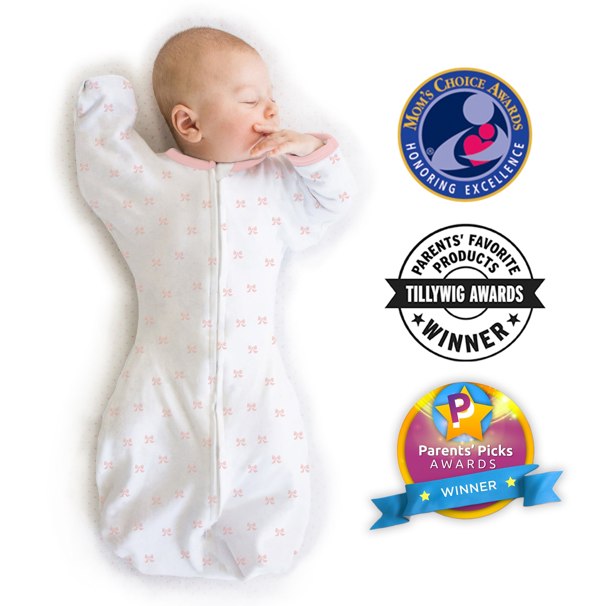 Amazing Baby - Transitional Swaddle Sack  - Arms Up 1/2-length Sleeves & Mitten Cuffs, Tiny Bows, Pink