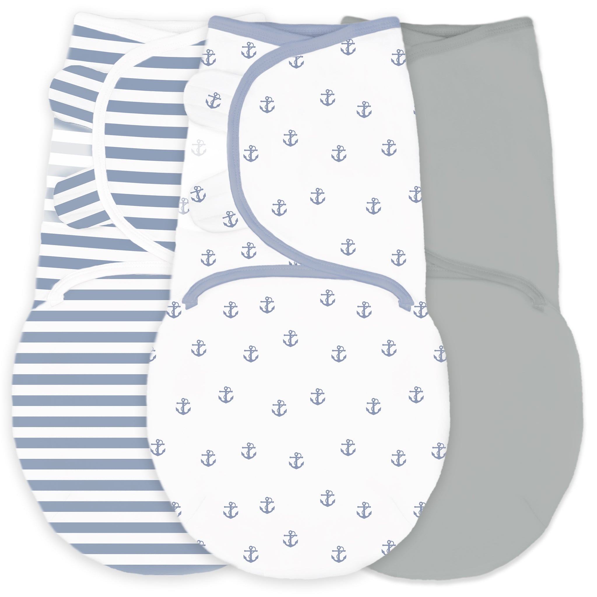 Amazing Baby - Premium Cotton Swaddle Wraps (set Of 3) - Tiny Anchors, Stripes, & Solid