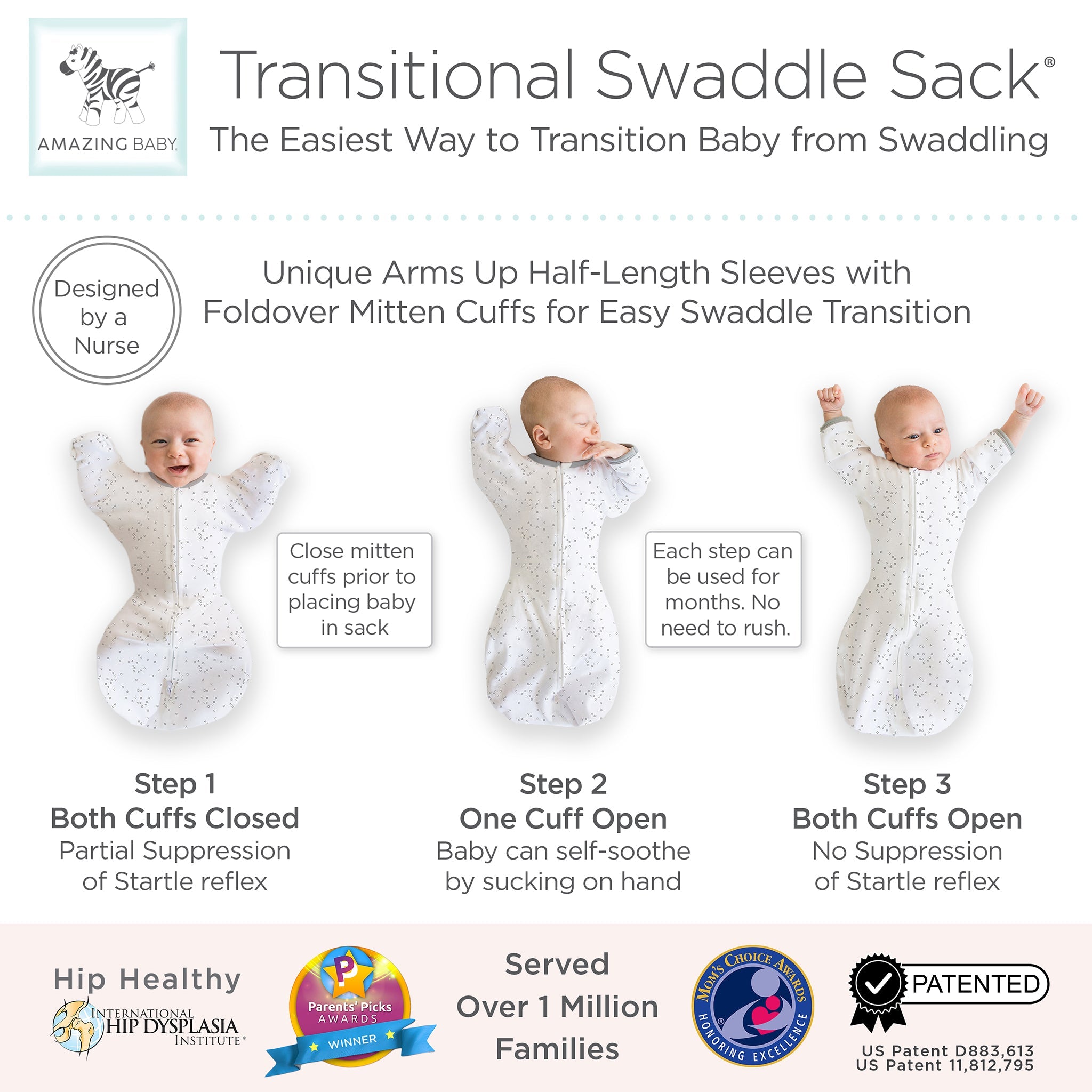 Amazing Baby - Transitional Swaddle Sack  - Arms Up 1/2-length Sleeves & Mitten Cuffs, Sterling Confetti