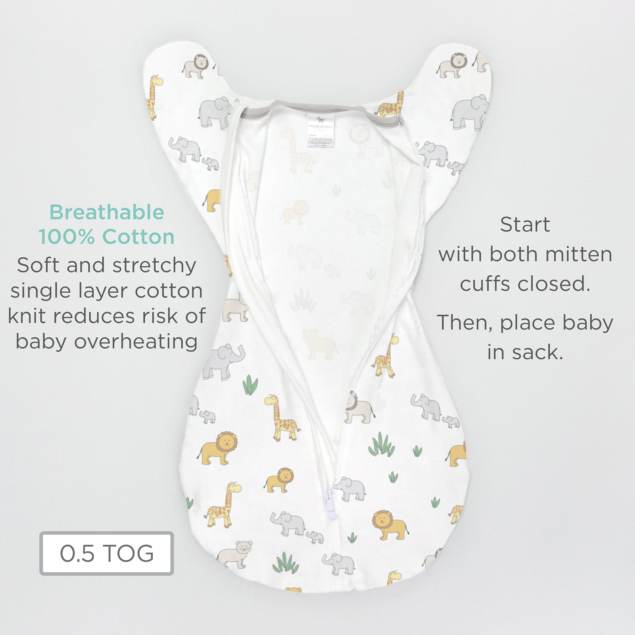 Amazing Baby - Transitional Swaddle Sack  - Arms Up 1/2-length Sleeves & Mitten Cuffs, On Safari