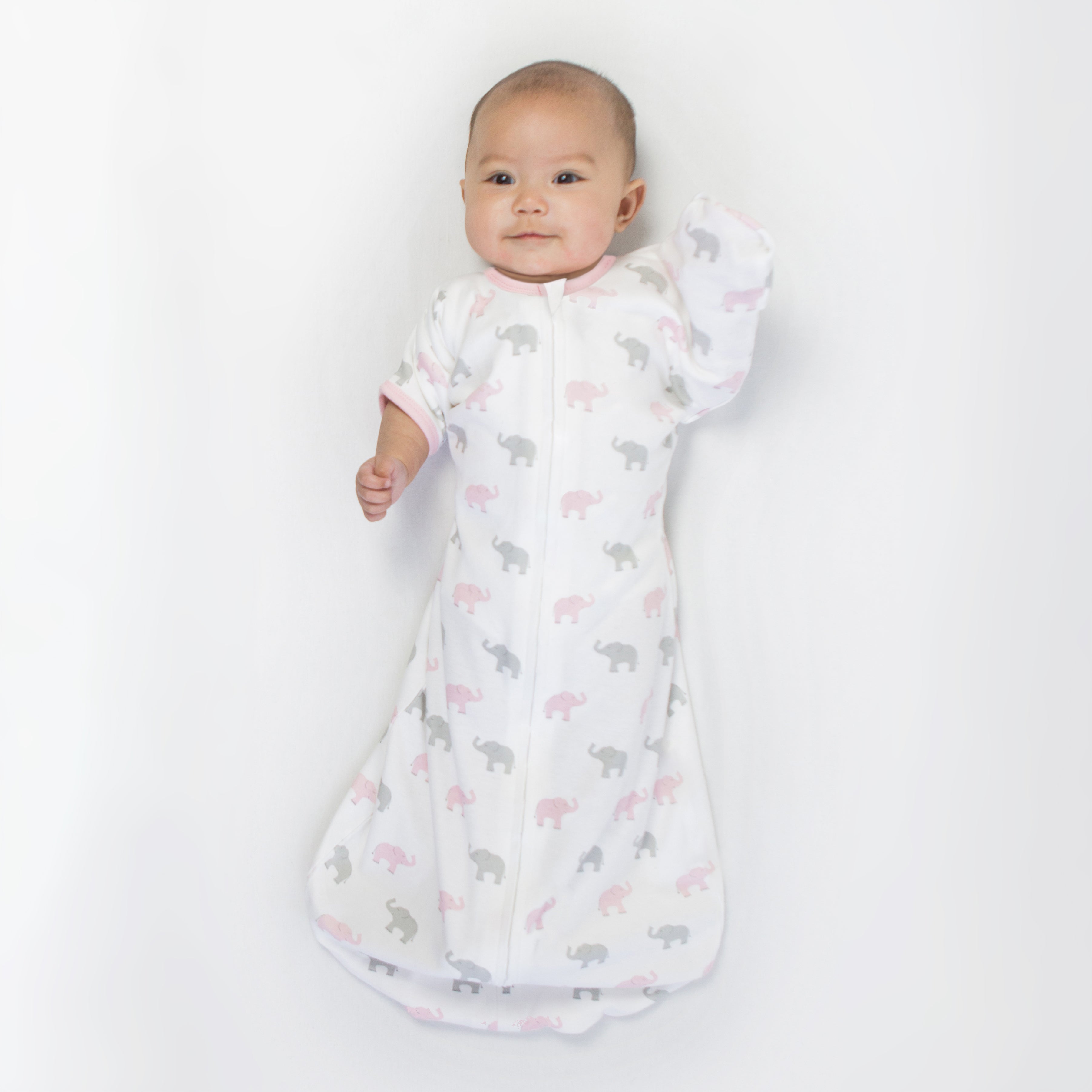 Amazing Baby - Transitional Swaddle Sack  - Arms Up 1/2-length Sleeves & Mitten Cuffs, Tiny Elephants, Pink