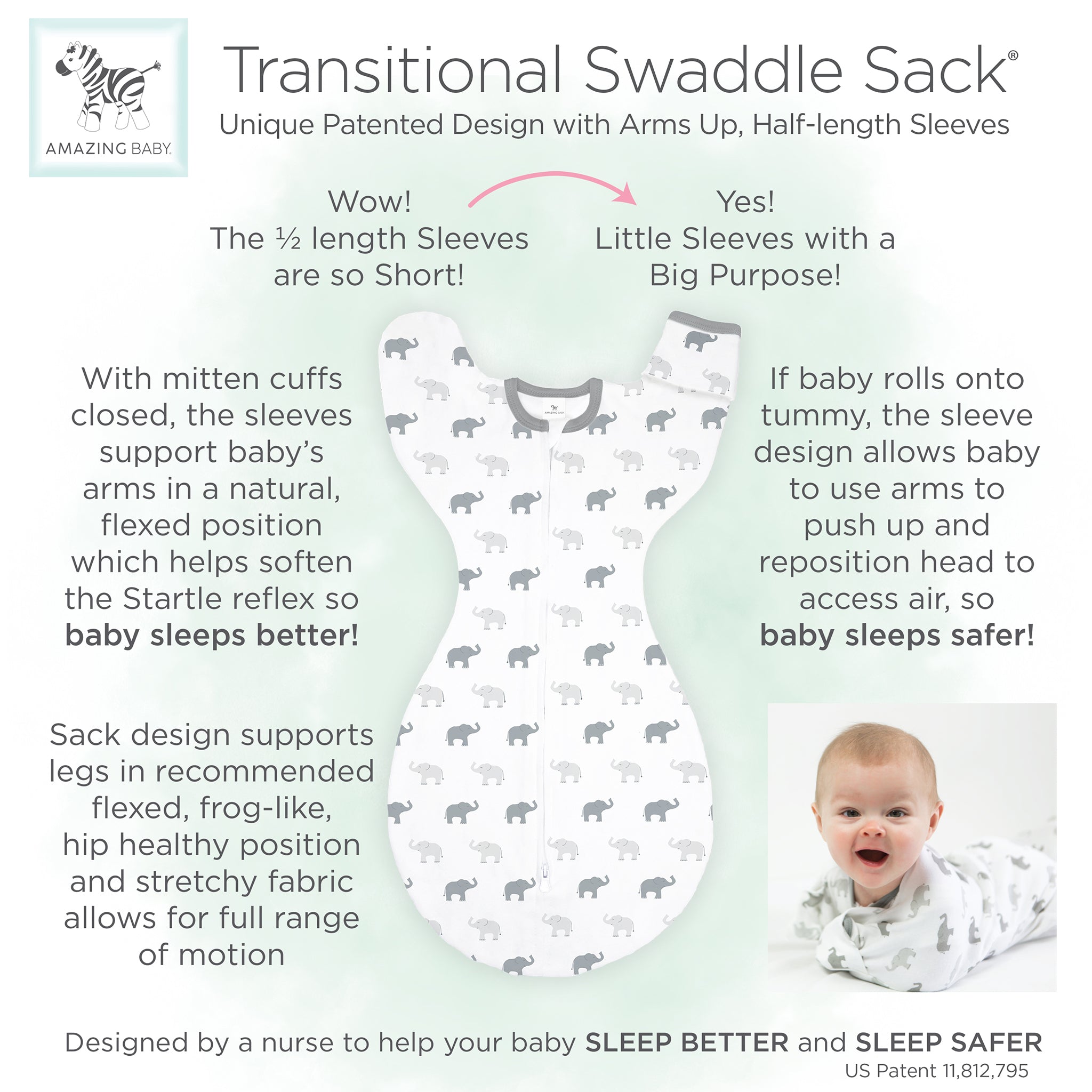 Amazing Baby - Transitional Swaddle Sack  - Arms Up 1/2-length Sleeves & Mitten Cuffs, Tiny Elephants, Blue