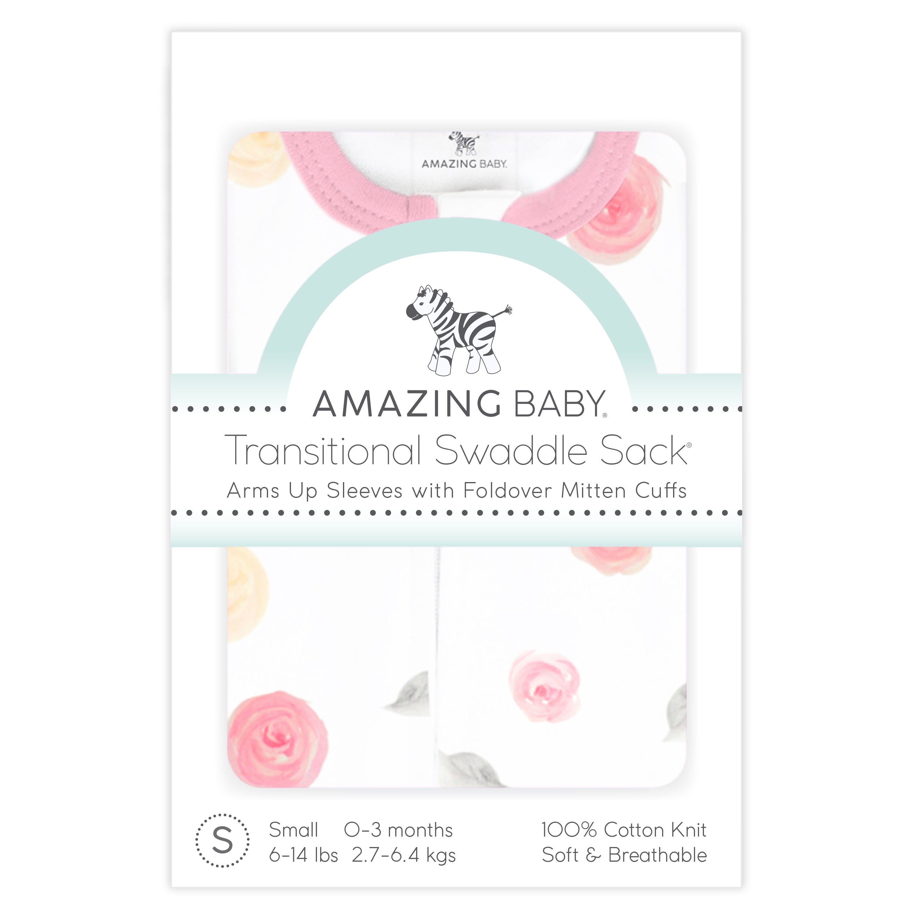 Amazing Baby - Transitional Swaddle Sack  - Arms Up 1/2-length Sleeves & Mitten Cuffs, Little Watercolor Roses