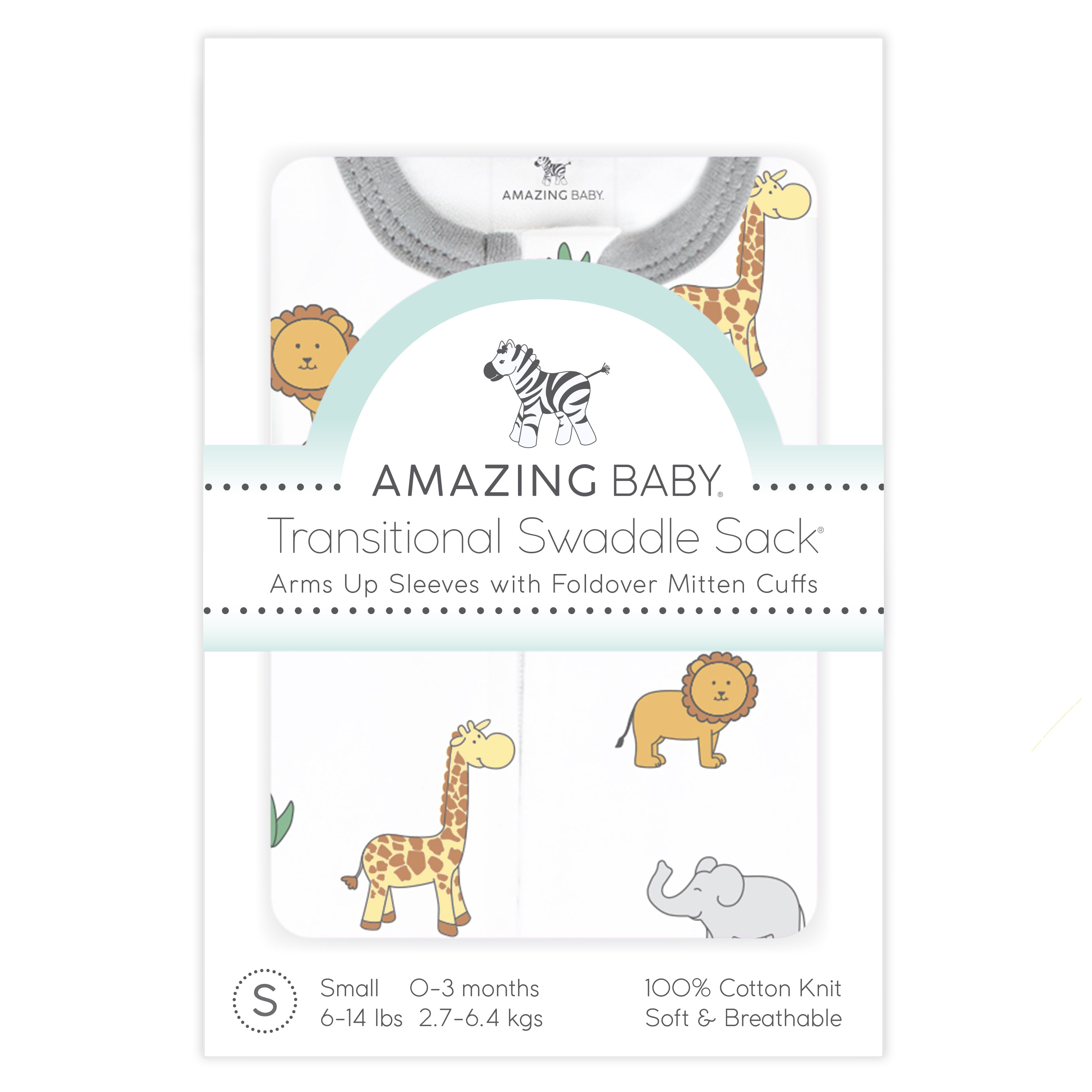 Amazing Baby - Transitional Swaddle Sack  - Arms Up 1/2-length Sleeves & Mitten Cuffs, On Safari