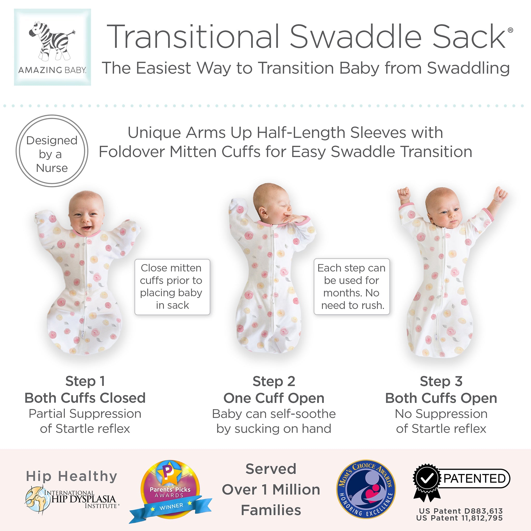 Amazing Baby - Transitional Swaddle Sack  - Arms Up 1/2-length Sleeves & Mitten Cuffs, Little Watercolor Roses