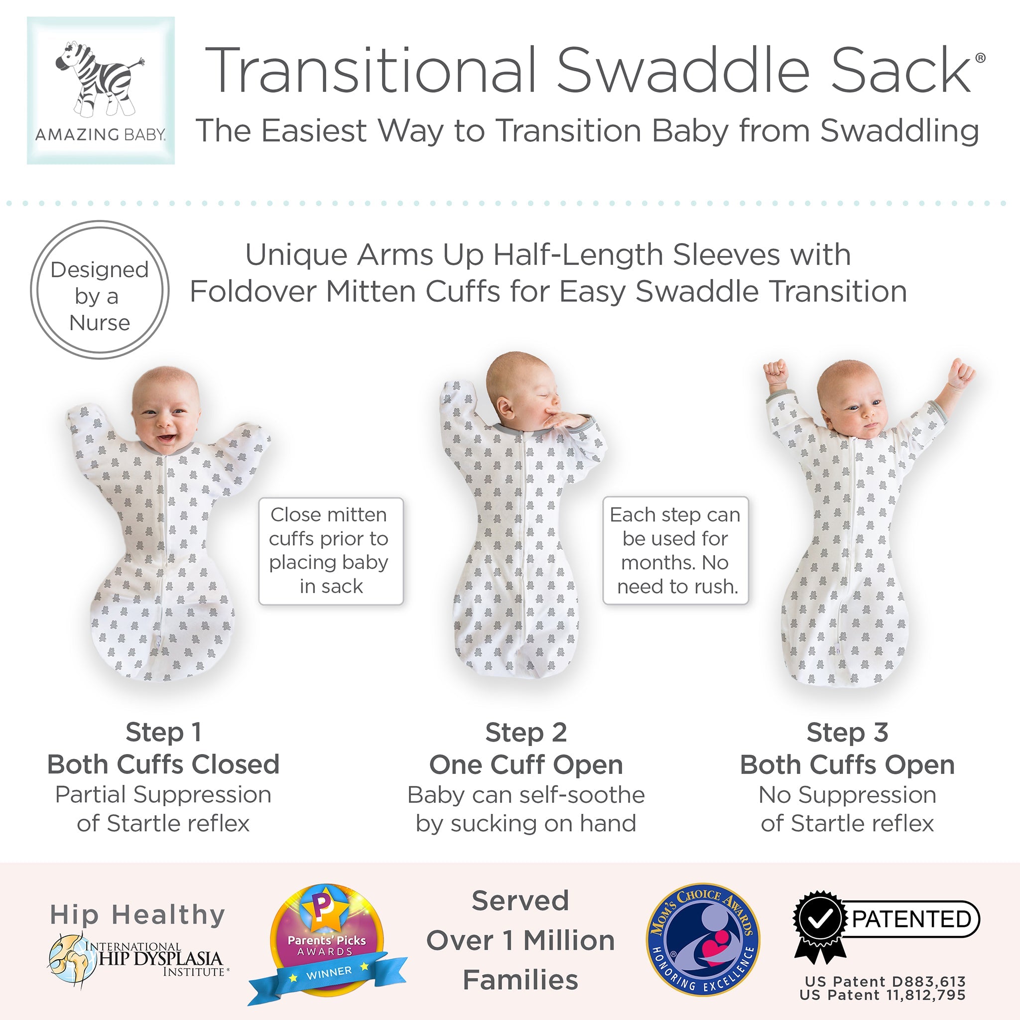 Amazing Baby - Transitional Swaddle Sack  - Arms Up 1/2-length Sleeves & Mitten Cuffs, Tiny Bear, Sterling