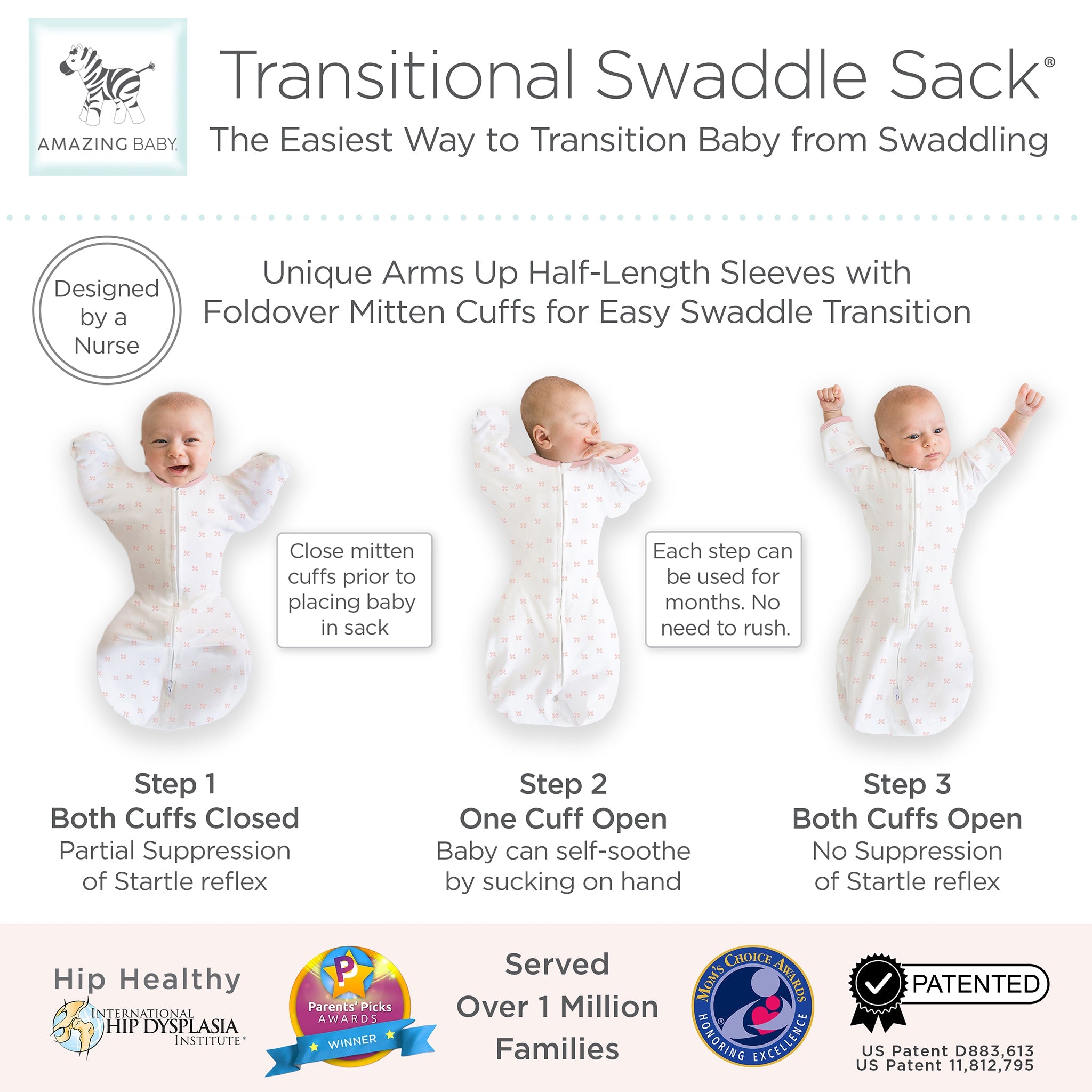 Amazing Baby - Transitional Swaddle Sack  - Arms Up 1/2-length Sleeves & Mitten Cuffs, Tiny Bows, Pink
