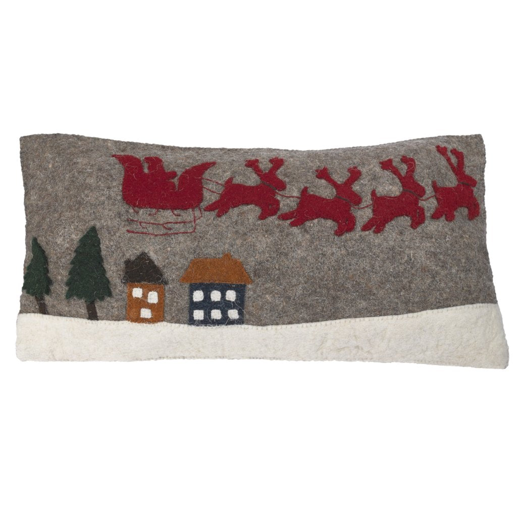 Hand Felted Wool Christmas Pillow Cover – Sleigh With Village – 12x24”