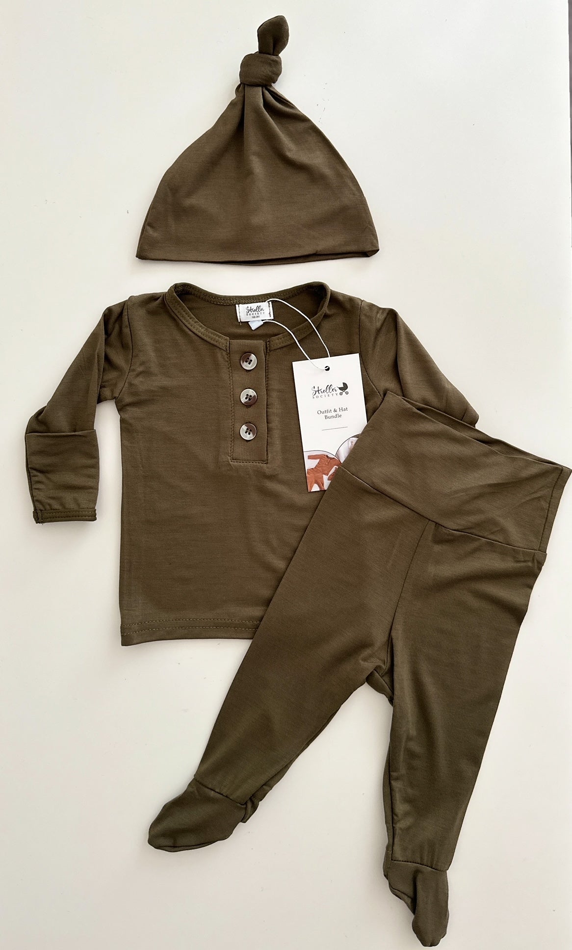 Top And Bottom Outfit And Hat Set - (newborn-3 Months) Army Green