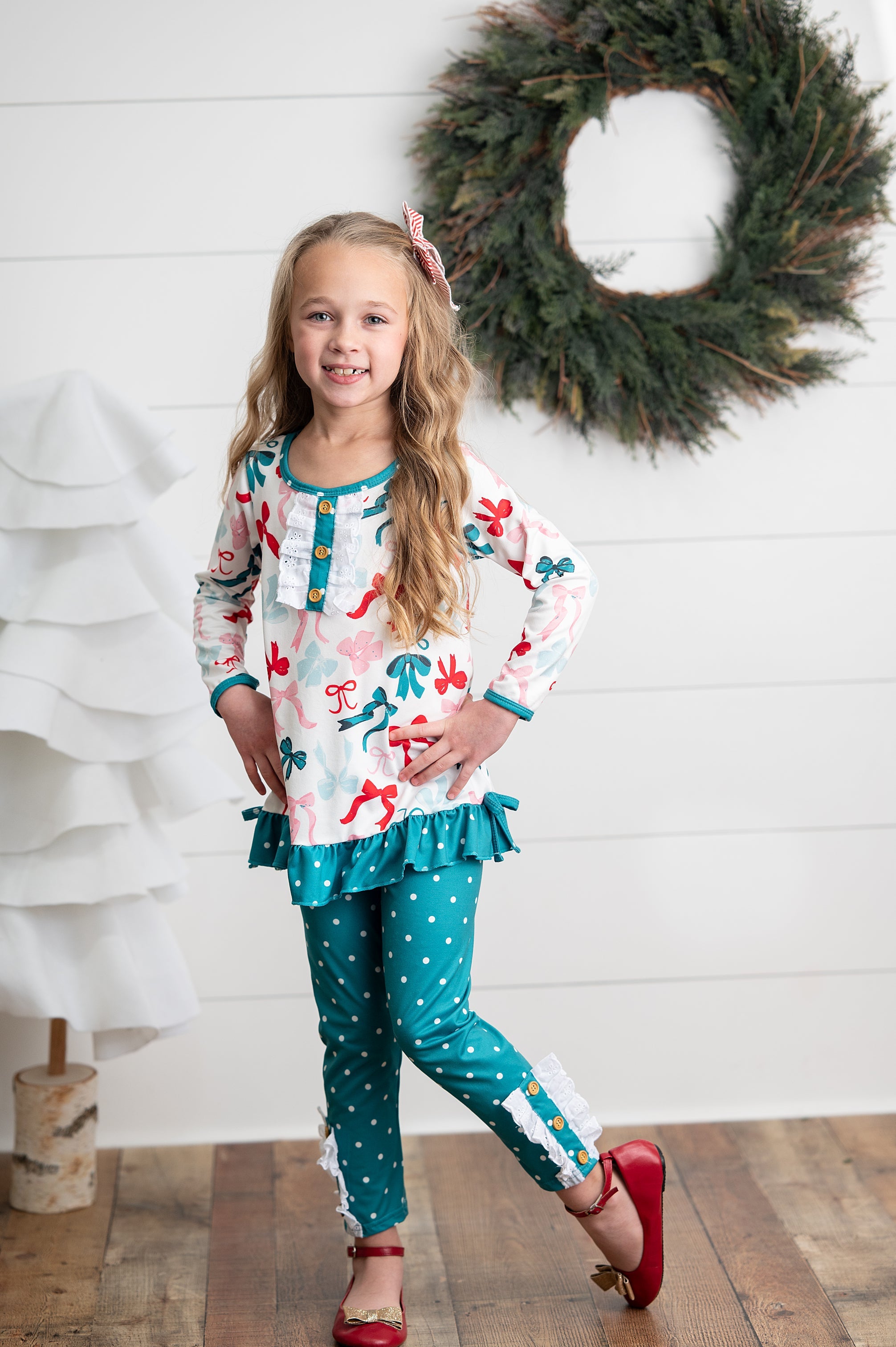 Teal Coquette Bow Dot Pant Set