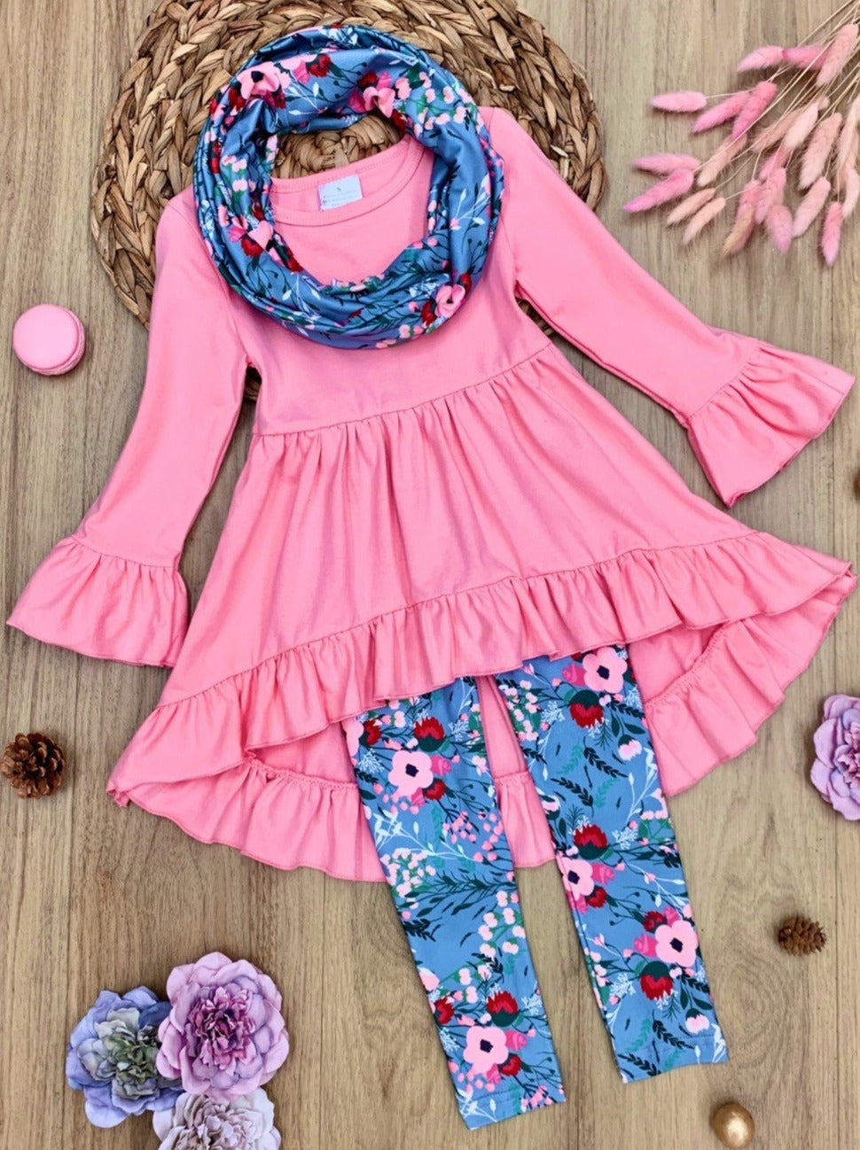 Flawless Hi-lo Ruffle Tunic, Floral Leggings And Scarf Set