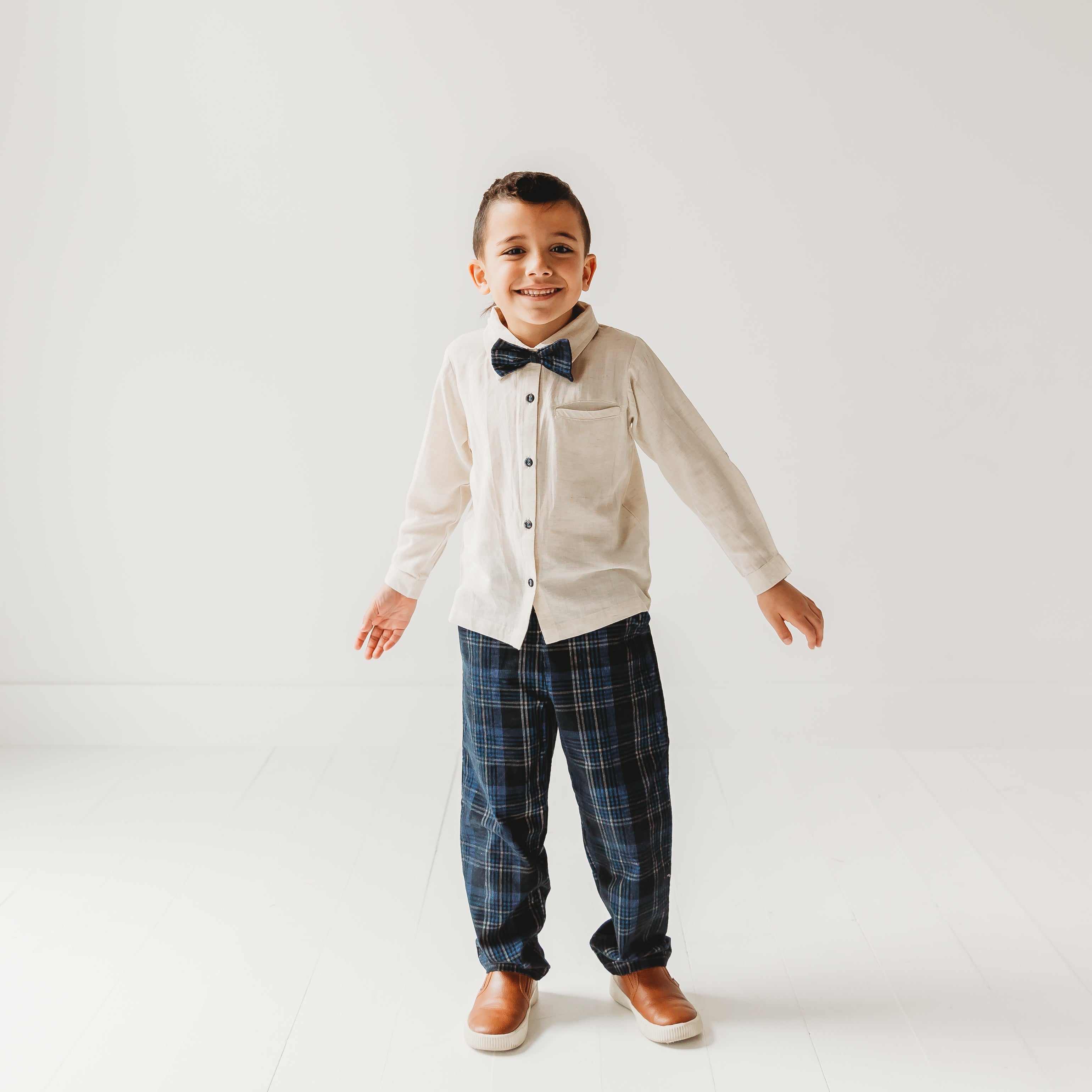 Boys Blue Plaid Cord Set, With Linen Shirt With Bow