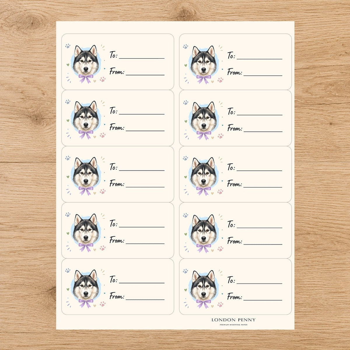 Alaskan Husky Paws & Bows Gift Tag Sticker Sheet