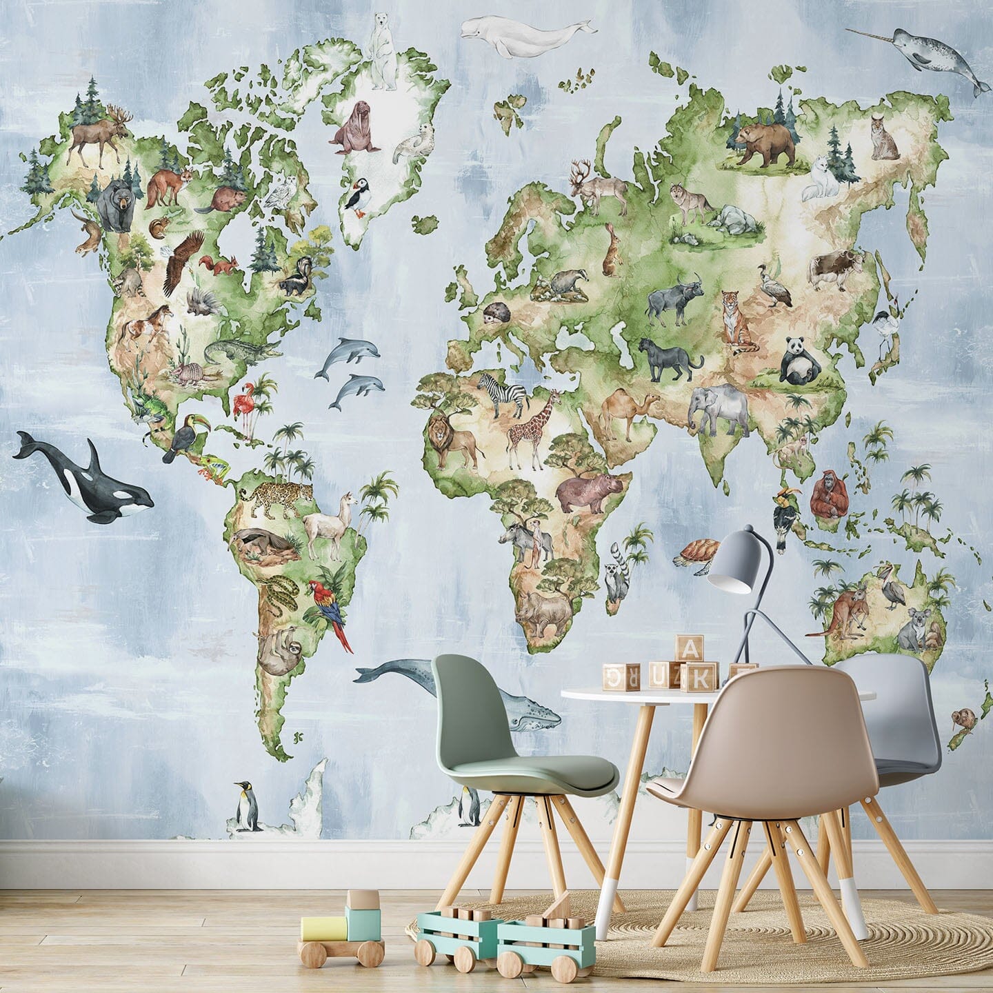 Animal World Map Wall Mural