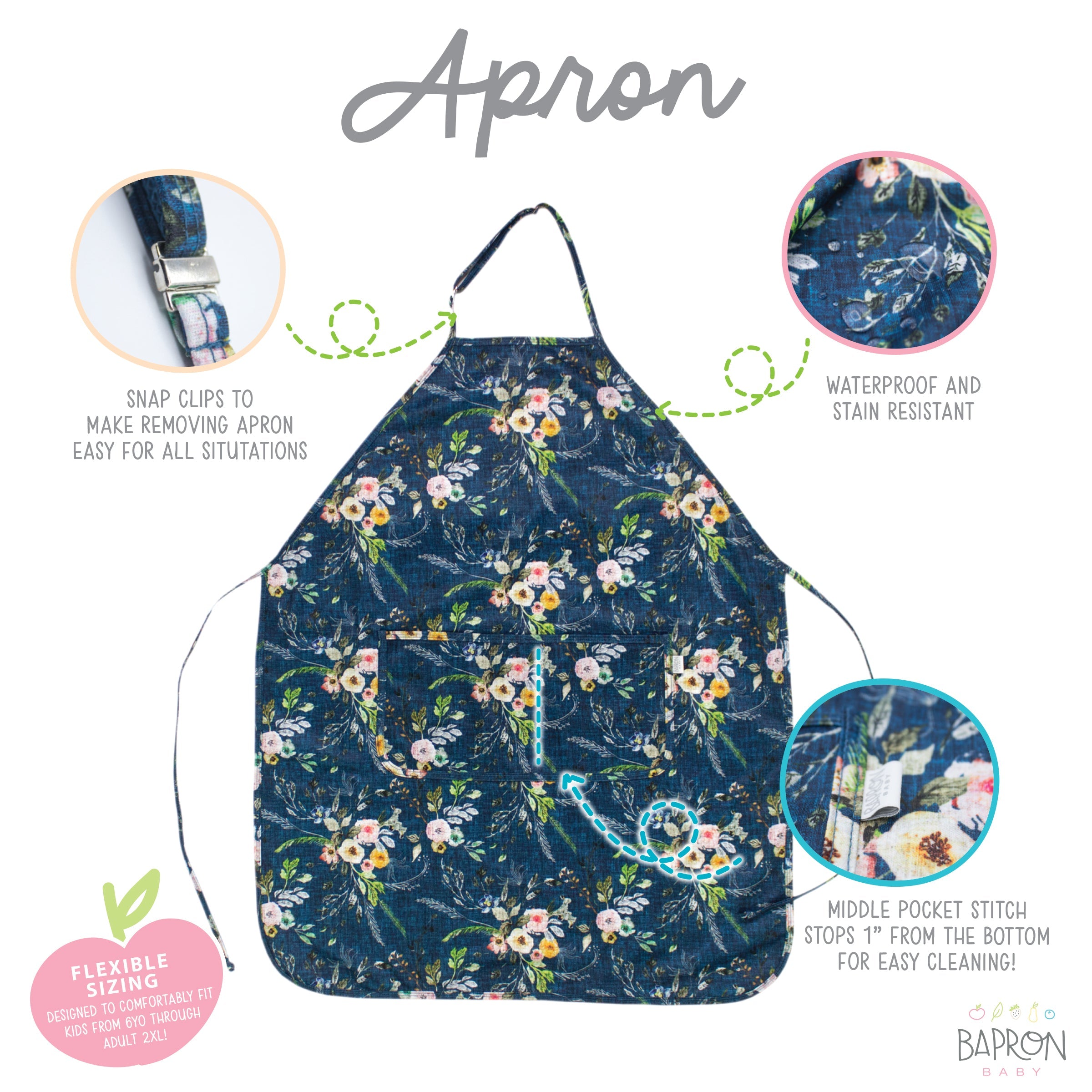 Boho Floral Apron - Fits Sizes Youth Small Through Adult 2xl