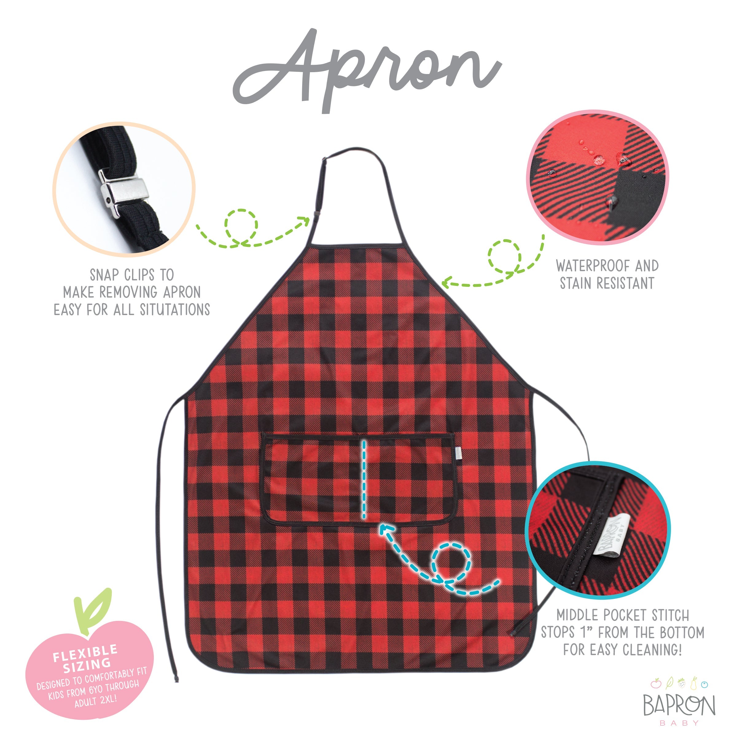 Red Buffalo Plaid Apron - Fits Sizes Youth Small Through Adult 2xl