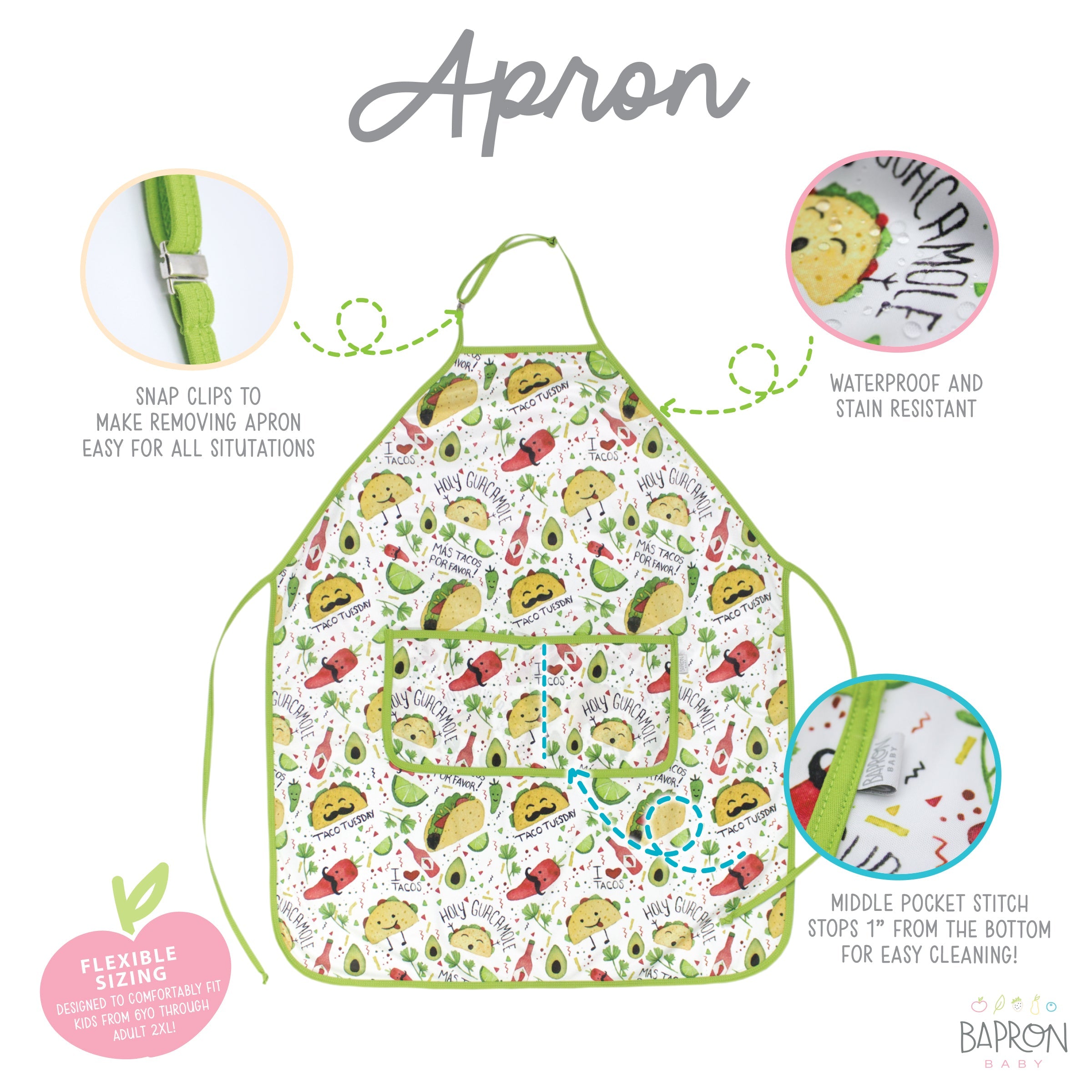 Taco Party Apron - Fits Sizes Youth Small Through Adult 2xl