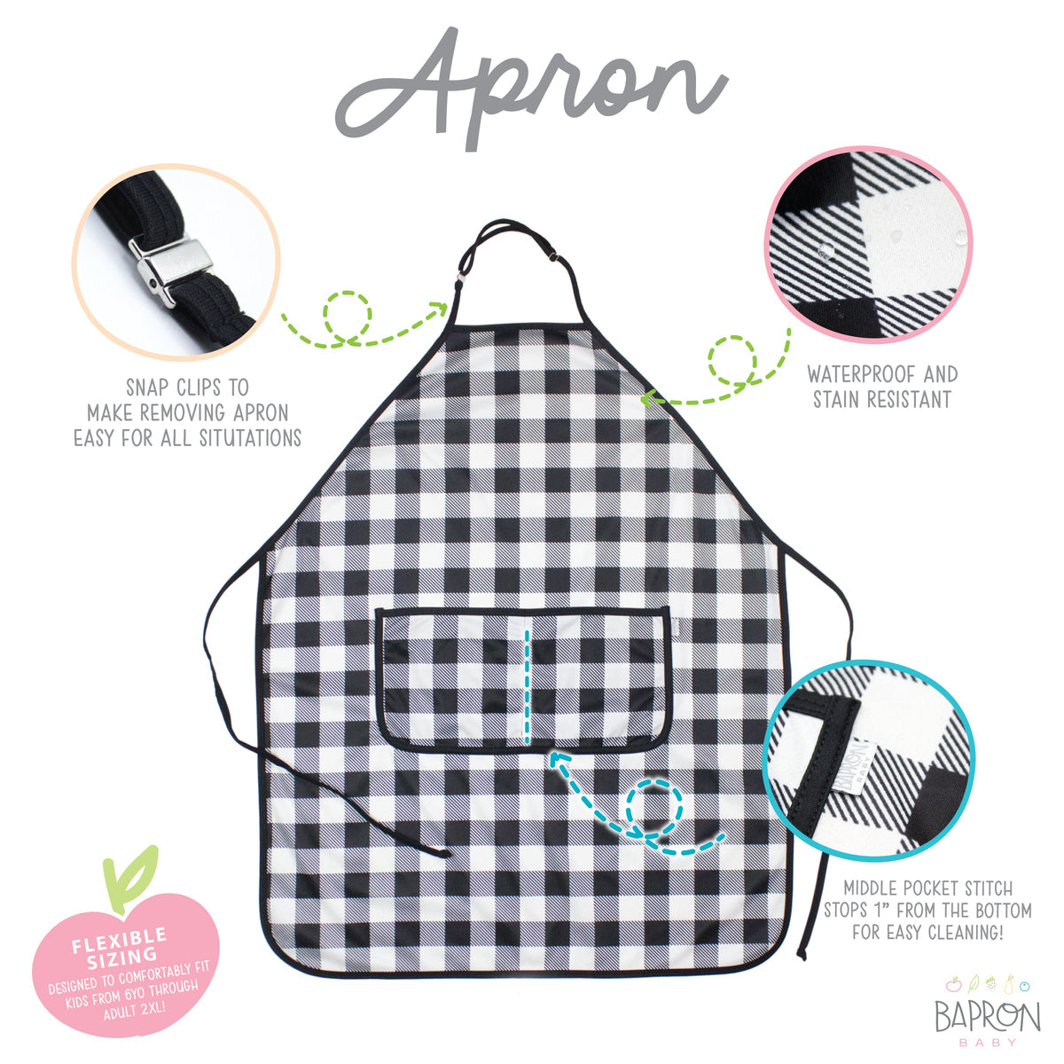 White Buffalo Plaid Apron - Fits Sizes Youth Small Through Adult 2xl