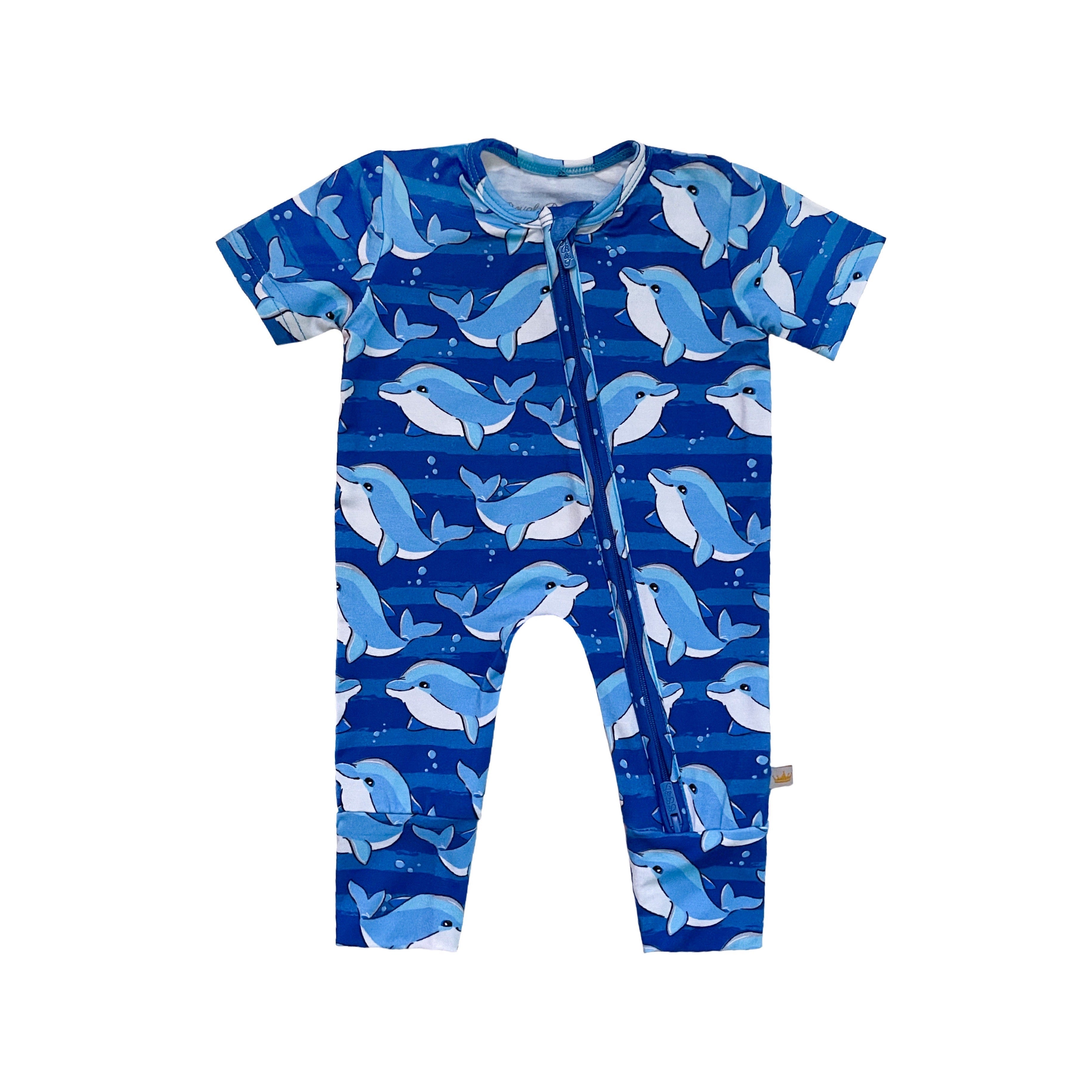 Under The Sea Ocean Water Dolphin Boys Short Sleeve Bamboo Footless Zip Romper