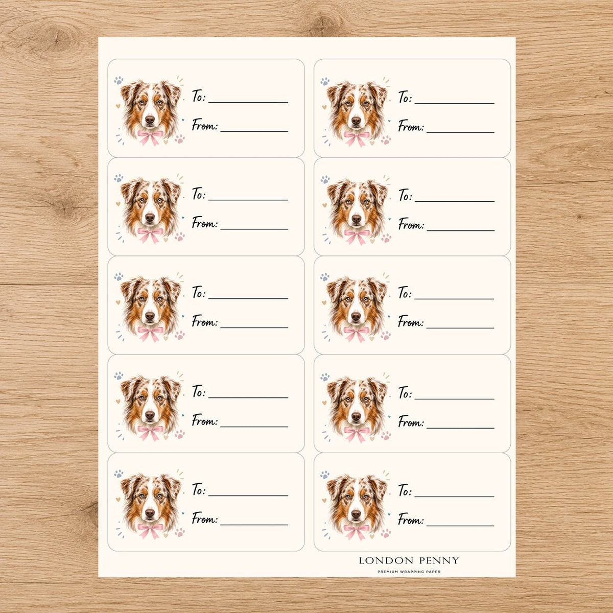 Australian Shepherd Paws & Bows Gift Tag Sticker Sheet