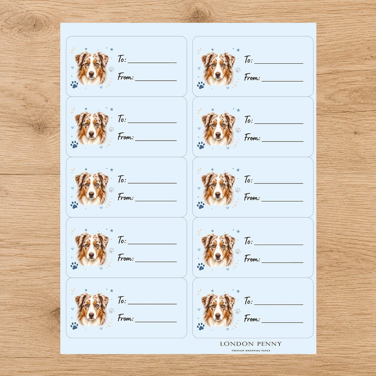 Australian Shepherd Pawprint Wishes Gift Tag Sticker Sheet