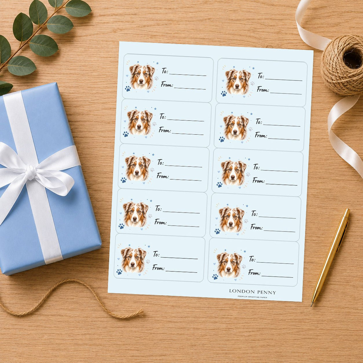 Australian Shepherd Pawprint Wishes Gift Tag Sticker Sheet