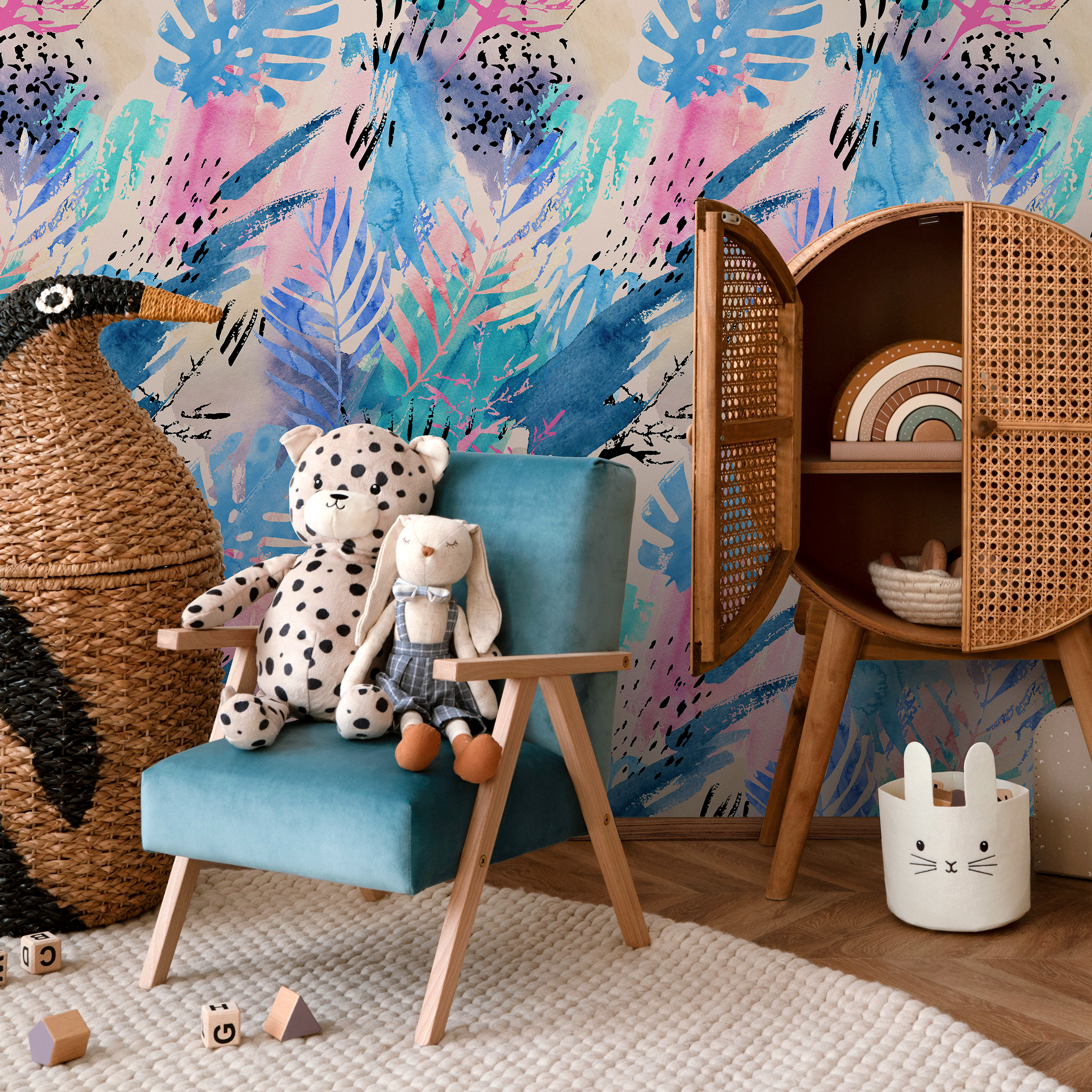 Abstract Wallpaper With Tropical Leaves And Brushstrokes In Blue, Pink, And Black - B003