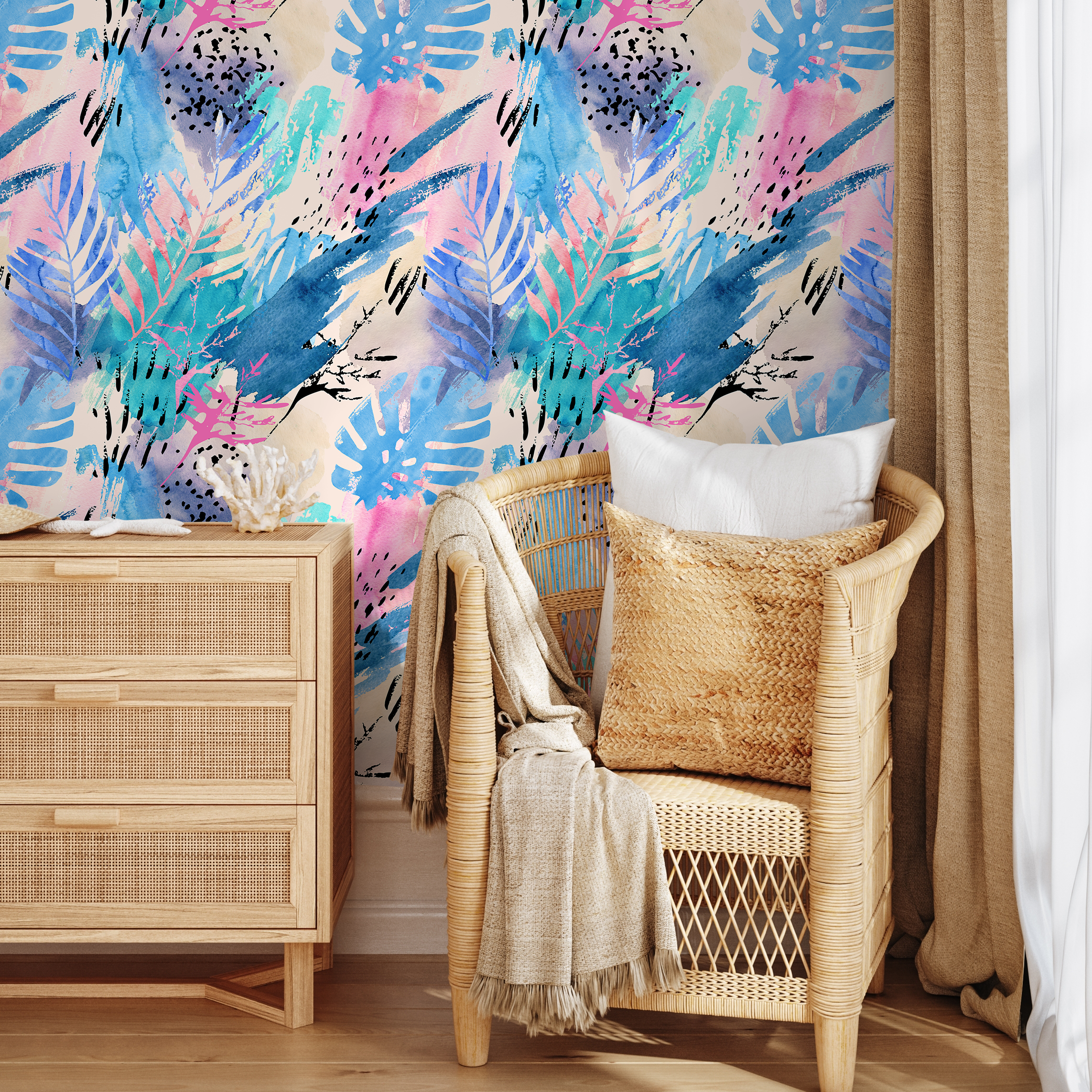 Abstract Wallpaper With Tropical Leaves And Brushstrokes In Blue, Pink, And Black - B003