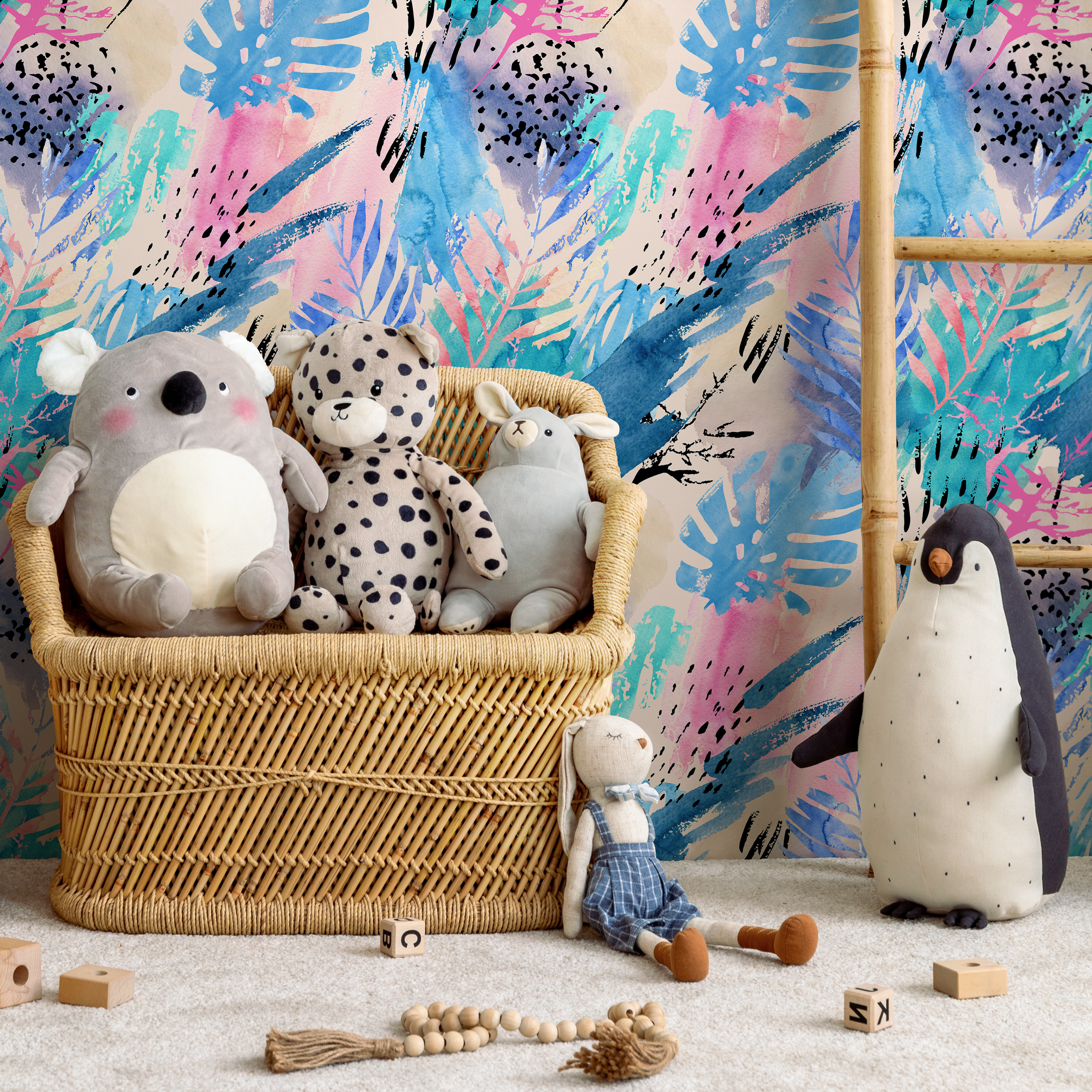 Abstract Wallpaper With Tropical Leaves And Brushstrokes In Blue, Pink, And Black - B003