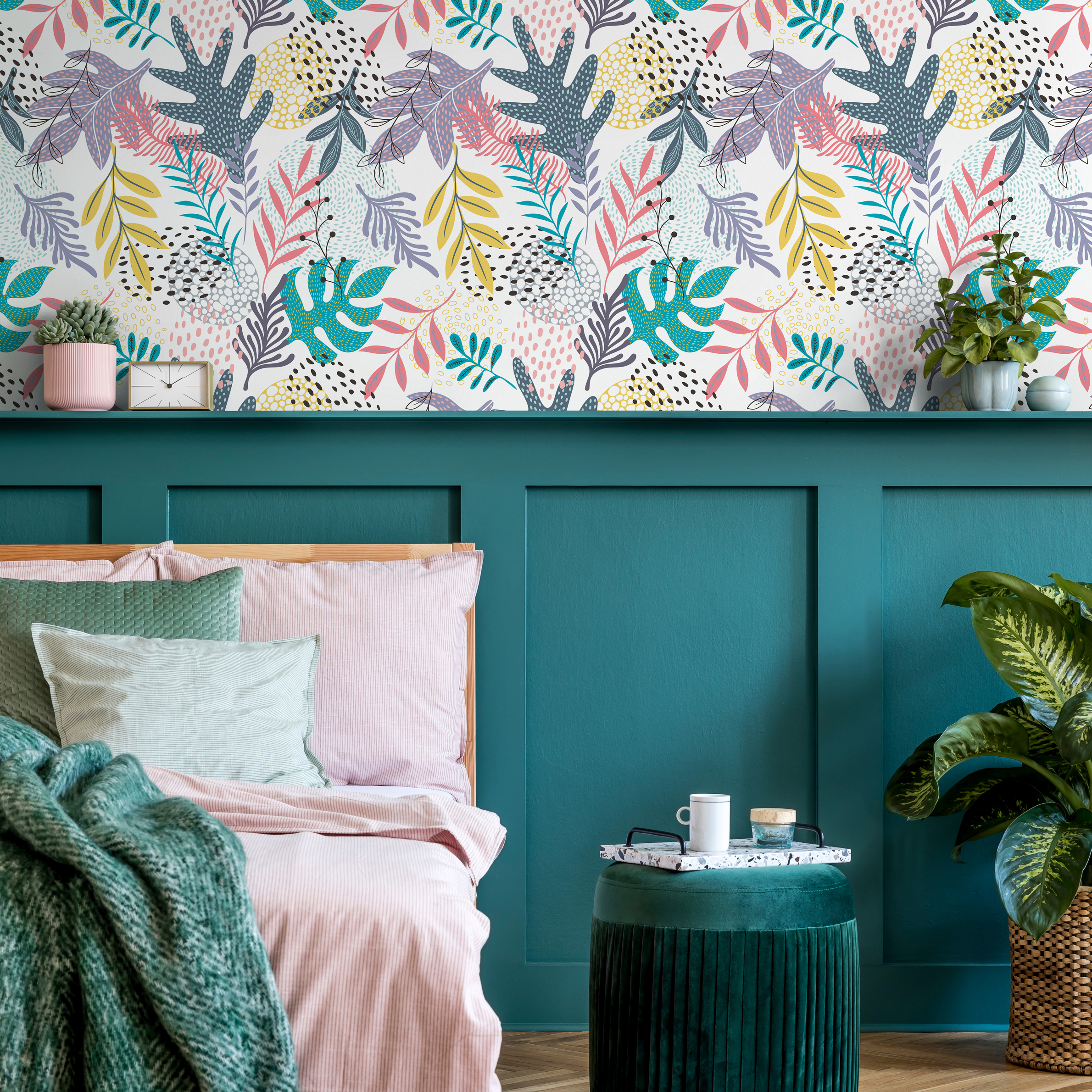 Botanical Wallpaper With Abstract Leaves In Teal, Pink, And Yellow - B004