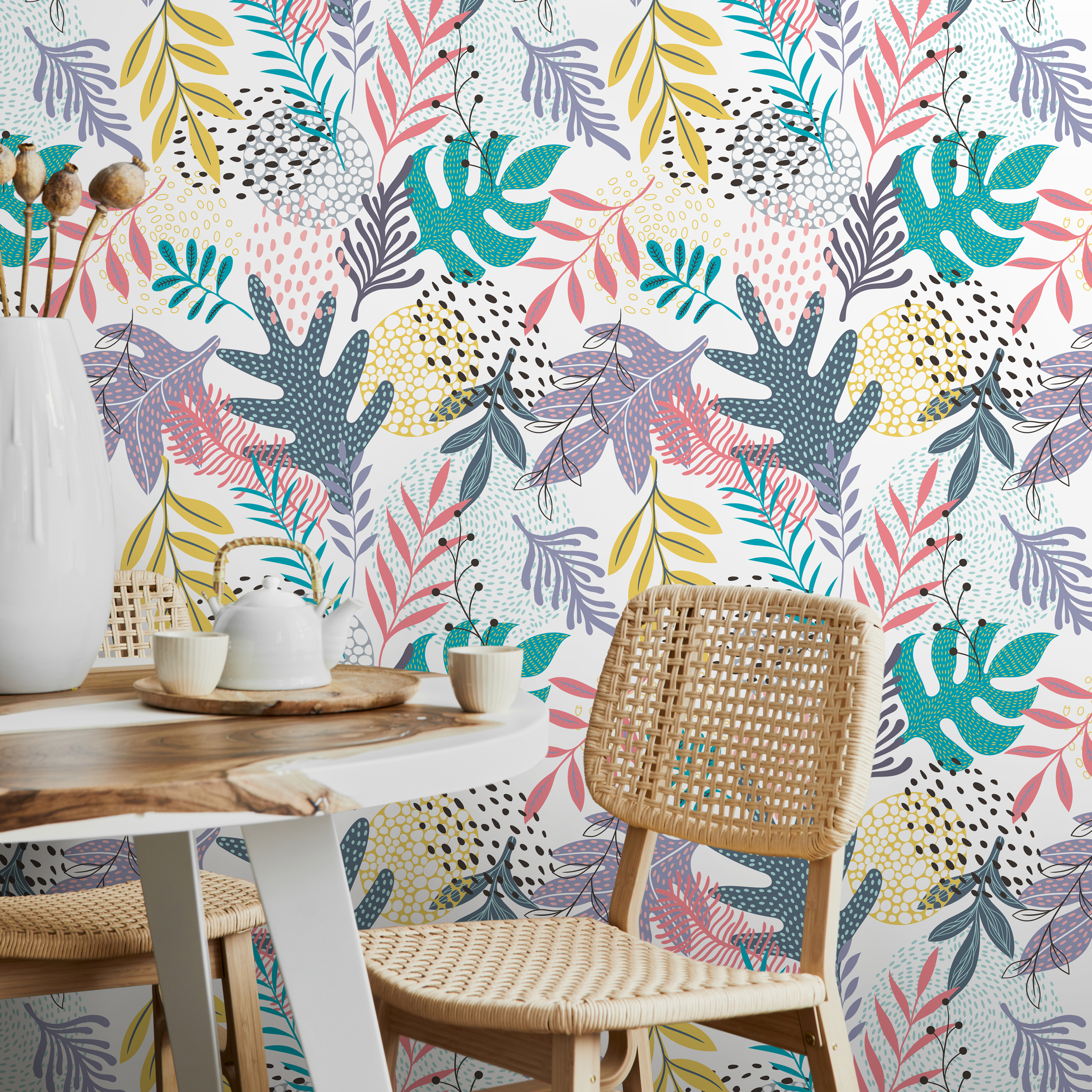 Botanical Wallpaper With Abstract Leaves In Teal, Pink, And Yellow - B004