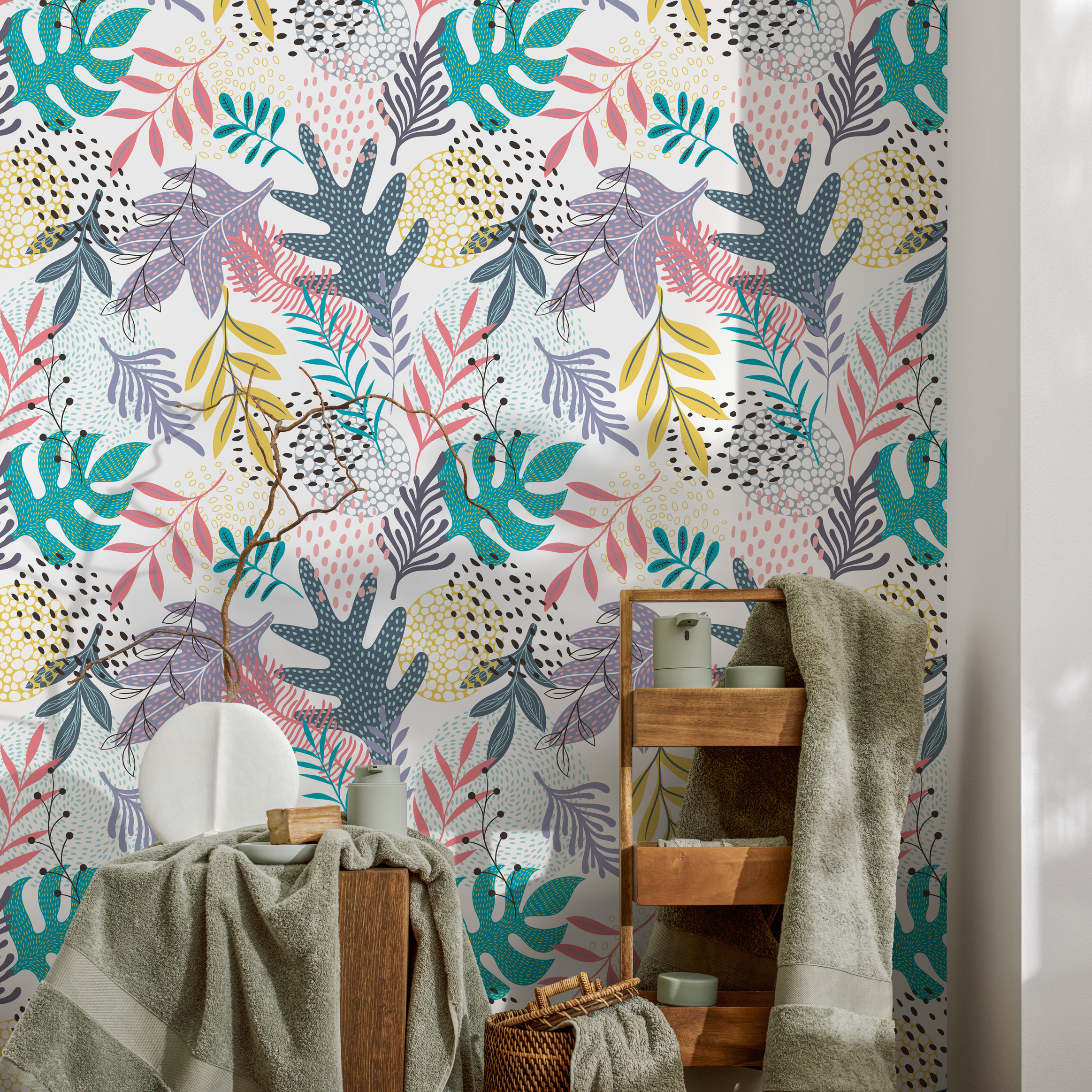 Botanical Wallpaper With Abstract Leaves In Teal, Pink, And Yellow - B004